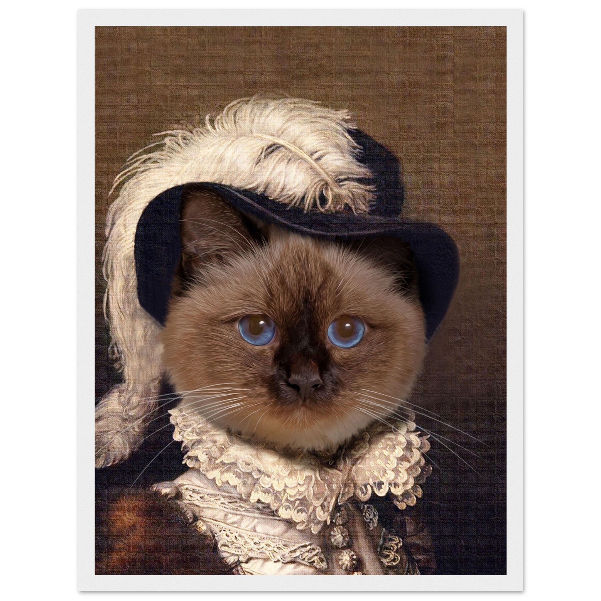 Portrait de chat avec chapeau et col baroque imprimé en France sur papier FSC dans un cadre en bois prêt à accrocher.