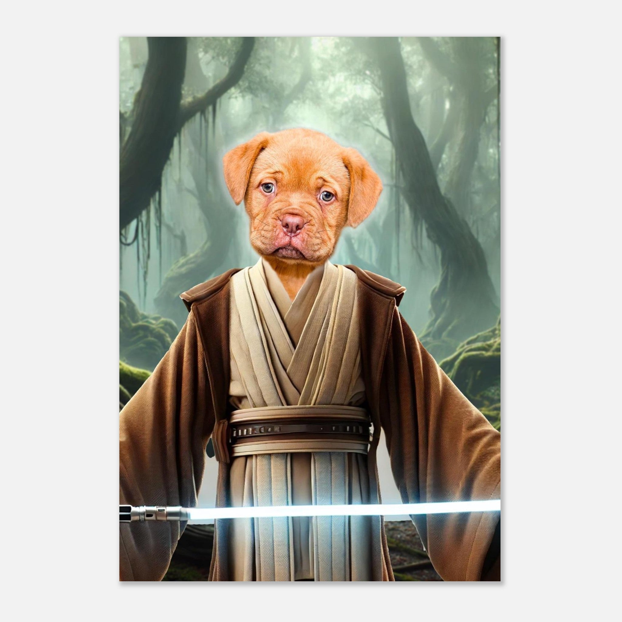 Chiot costumé en Maître Jedi tenant un sabre laser bleu dans une forêt brumeuse et mystique.
