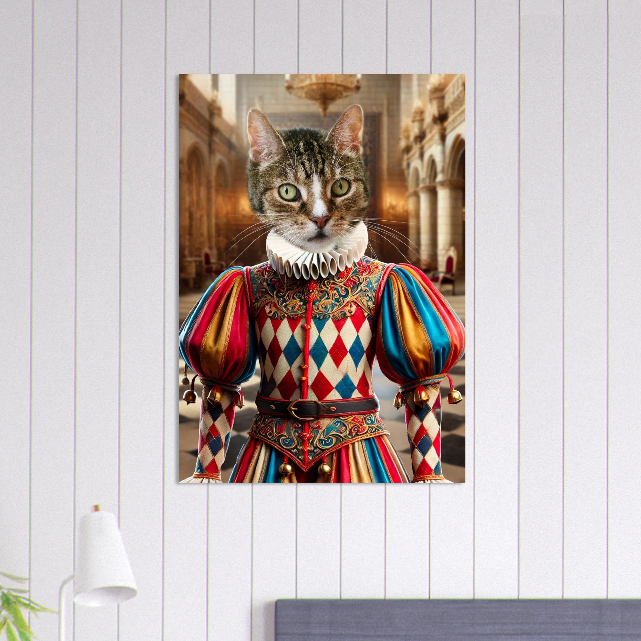 Chat portant un costume de cour Renaissance multicolore avec col en dentelle dans un somptueux intérieur de palais historique.