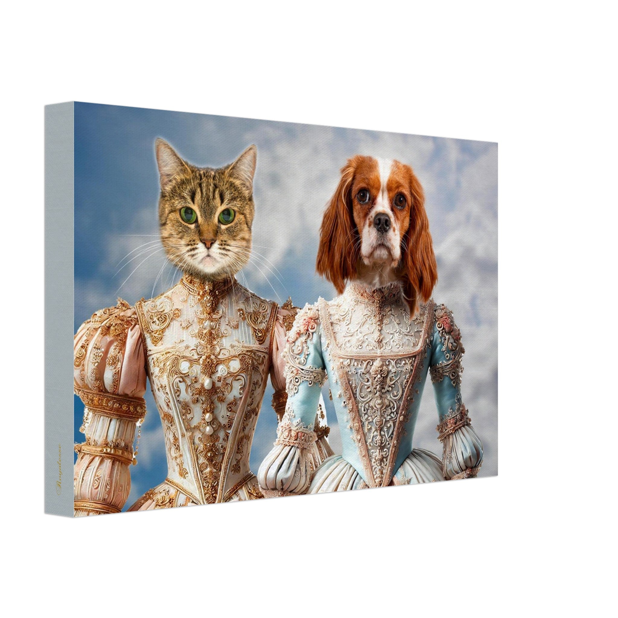 Chat tigré et chien épagneul Cavalier King Charles posant côte à côte en robes baroques somptueusement brodées de fils d’or et de perles sur fond de ciel nuageux.