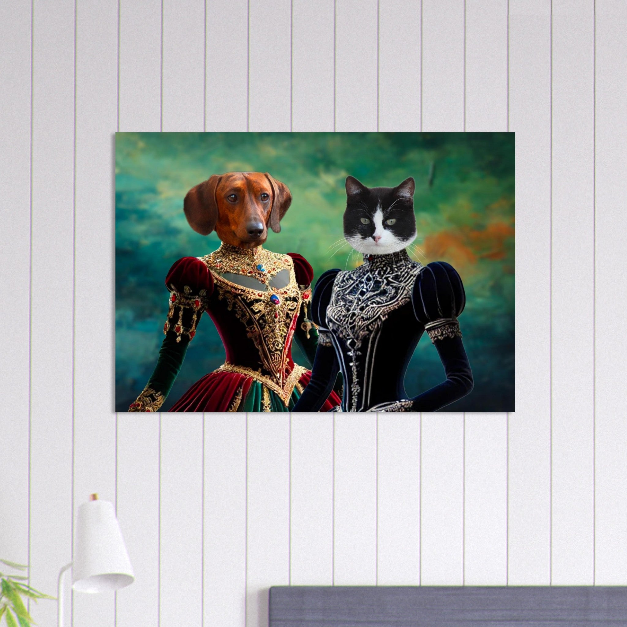 Portrait surréaliste d’un teckel et d’un chat noir et blanc en costumes Renaissance richement brodés et ornés de bijoux