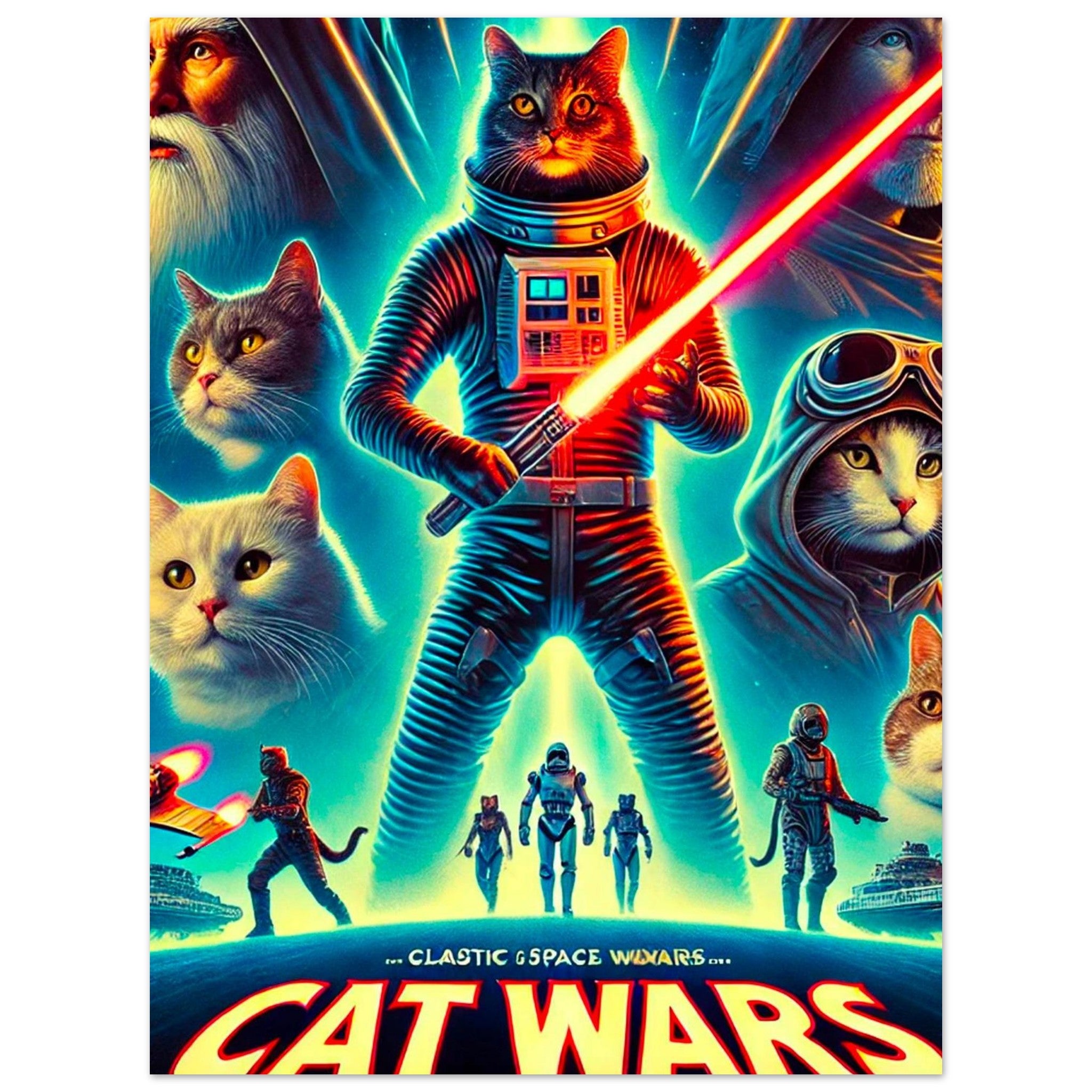 Chat en combinaison spatiale futuriste brandissant un sabre laser rouge, entouré de plusieurs têtes et silhouettes de chats guerriers galactiques sur un fond néon bleu, avec le titre « Cat Wars ».