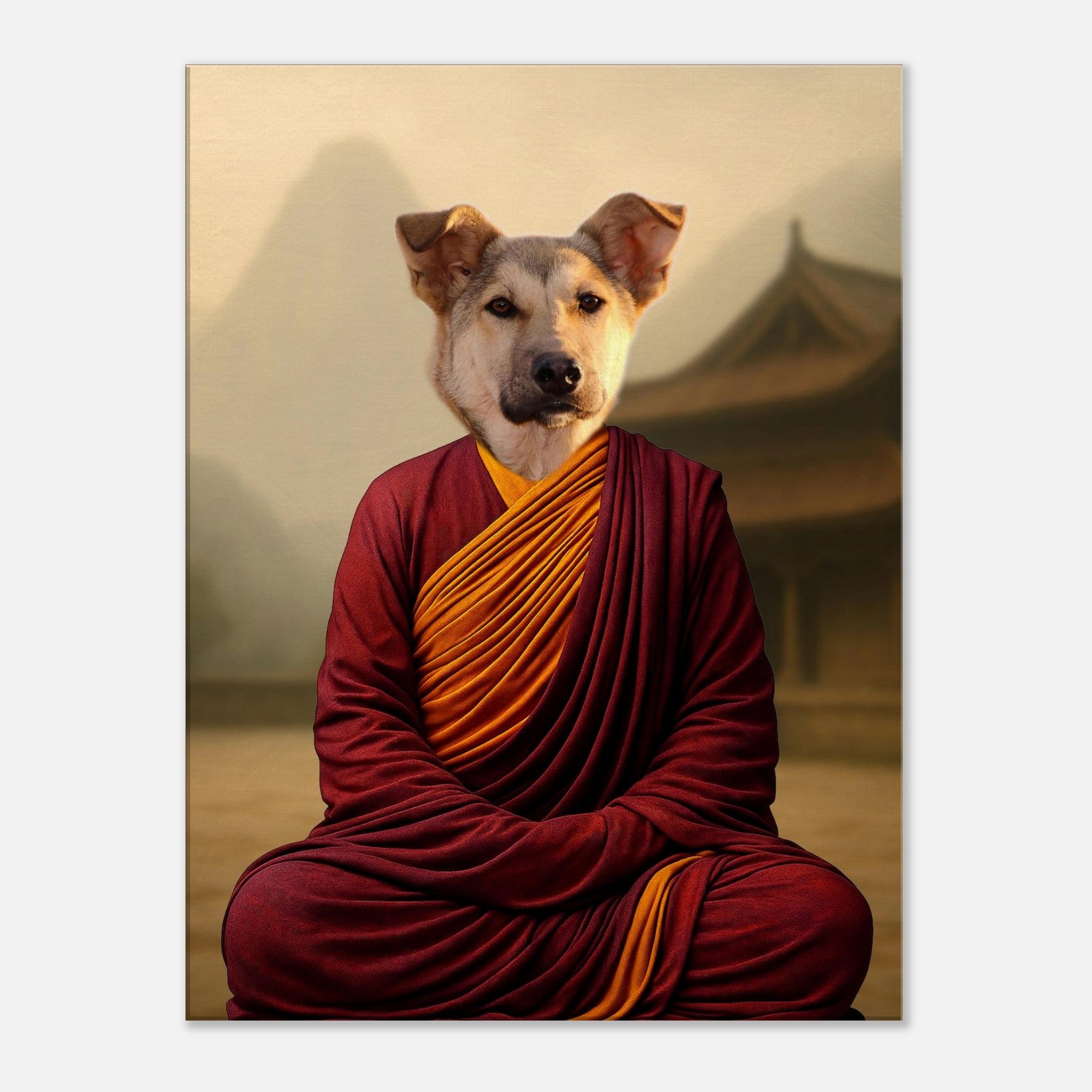 Chien stylisé en moine bouddhiste assis en méditation, vêtu d’une robe rouge et jaune devant un temple asiatique.