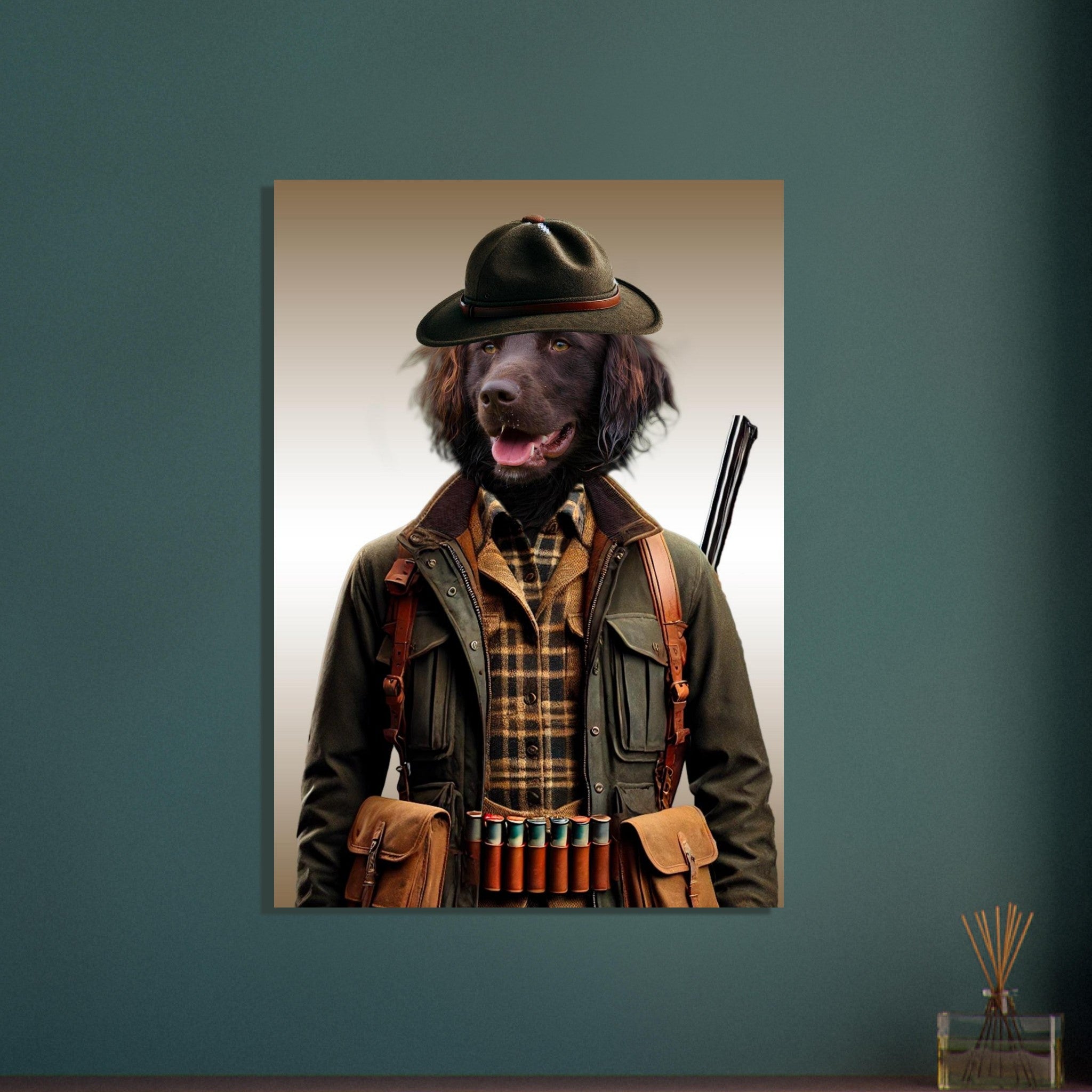 Chien brun anthropomorphe en tenue de chasseur : chapeau feutre, veste kaki, chemise à carreaux, cartouchière de cartouches et fusil sur un fond dégradé, affiché sur un mur vert.