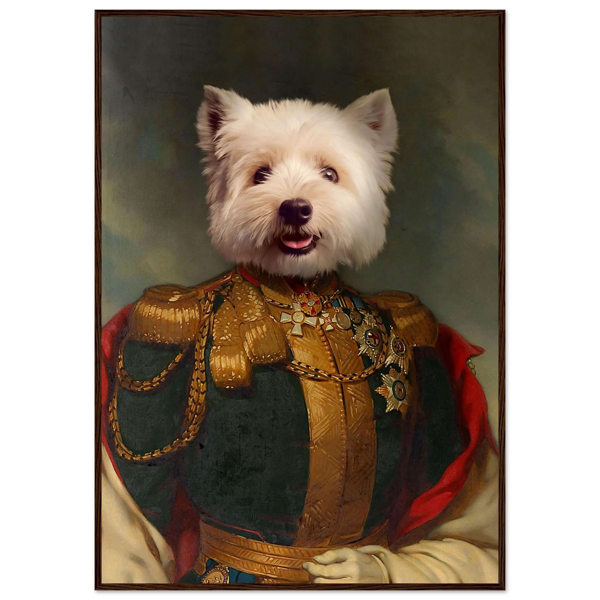 Portrait humoristique d'un chien déguisé en officier noble, imprimé sur papier FSC, cadre en bois, fabriqué en France.
