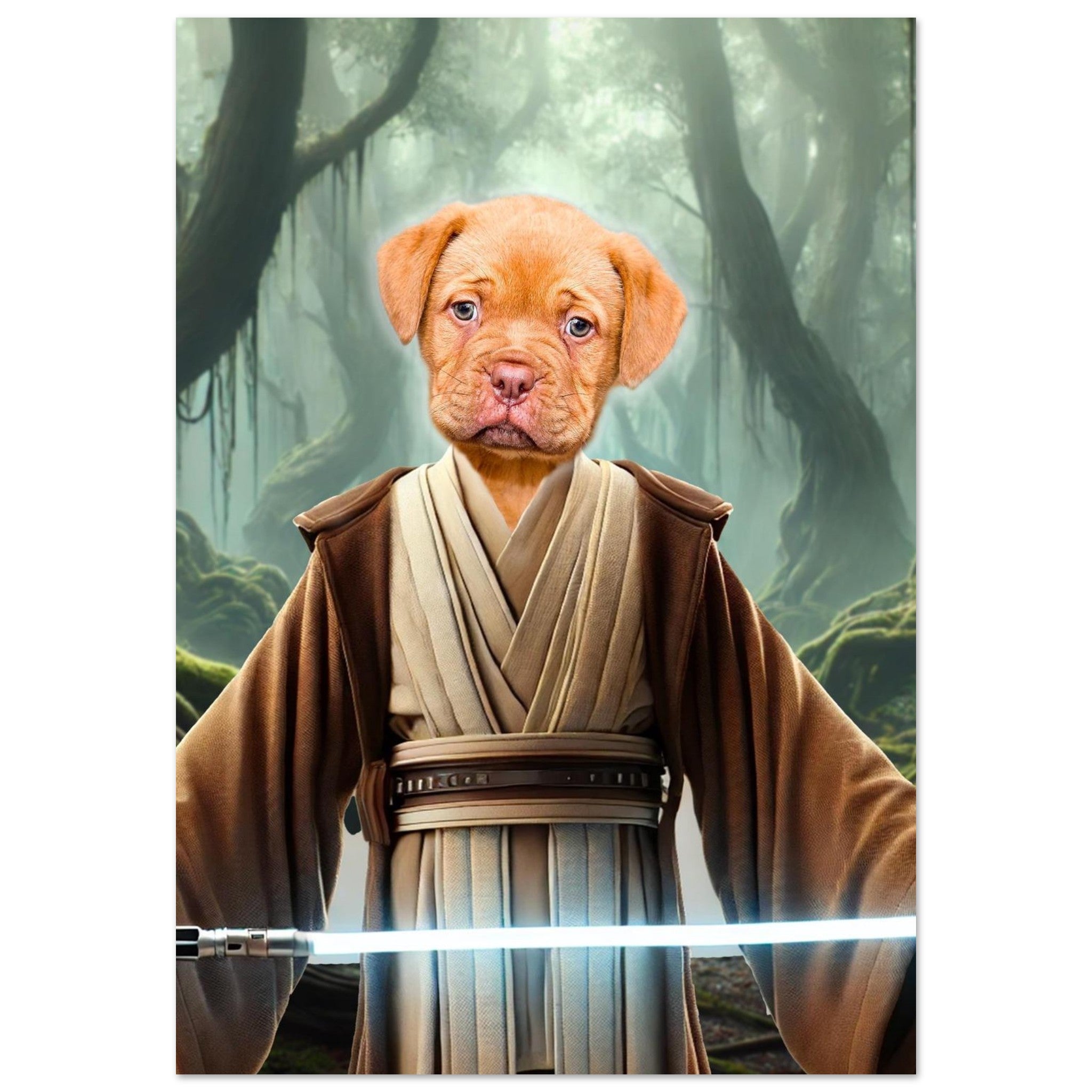 Chiot marron en tenue de chevalier Jedi tenant un sabre laser bleu dans une forêt brumeuse