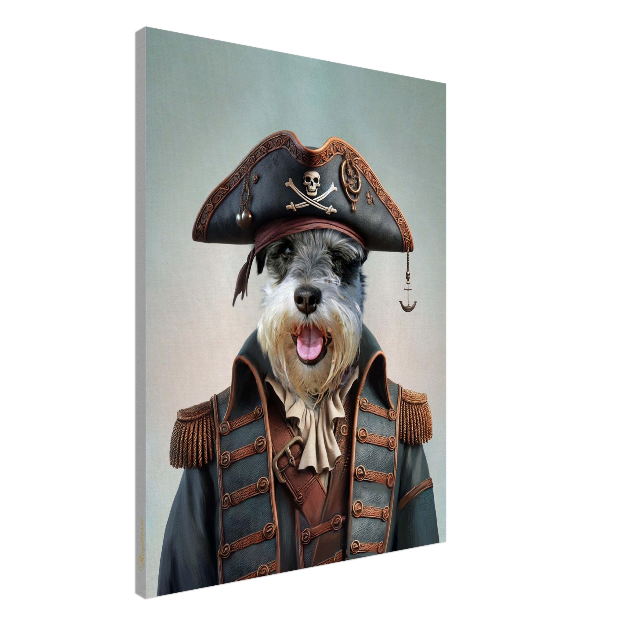 Portrait personnalisé d'animal en pirate sur toile, imprimé en France sur papier FSC, offrant une expérience artistique unique.