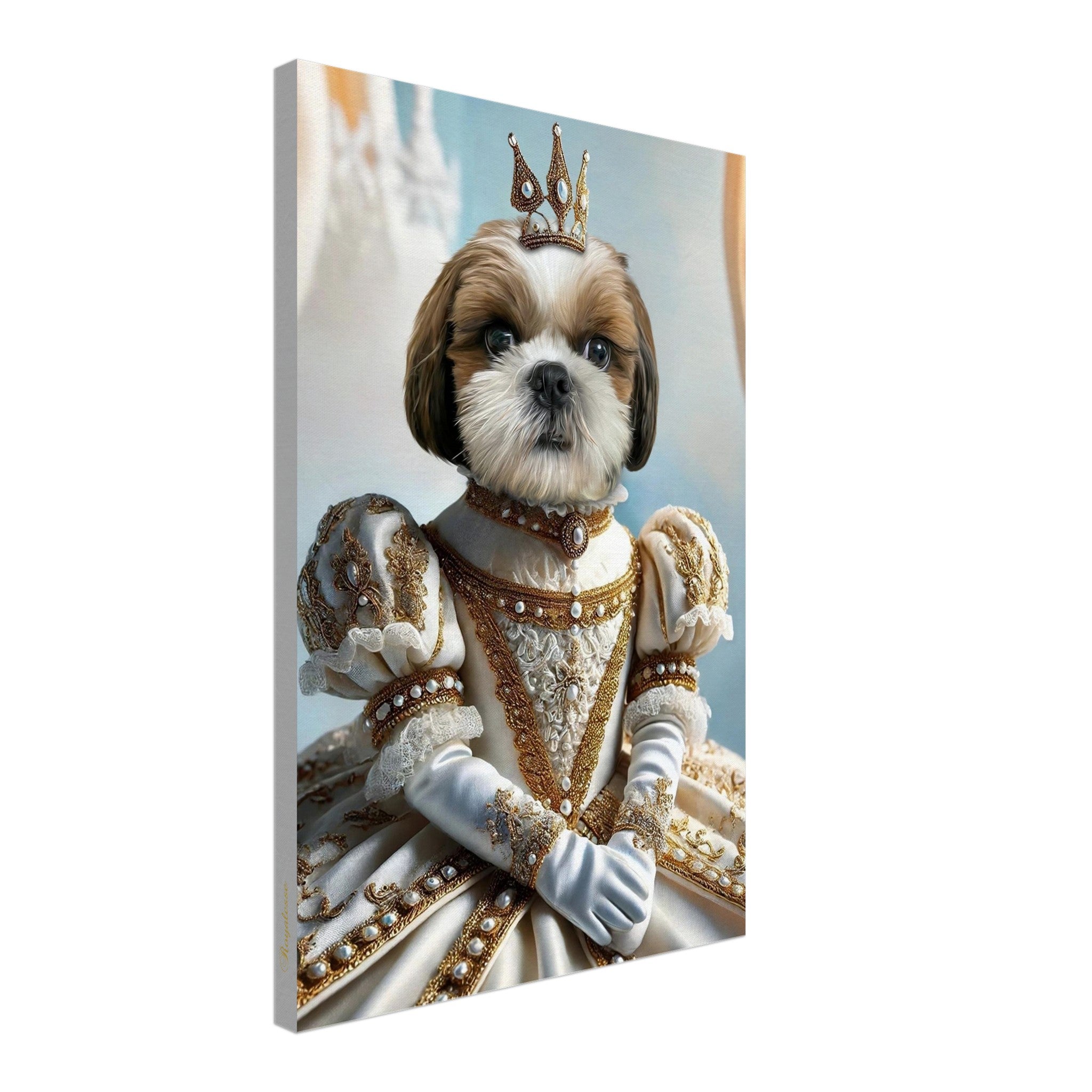 Portrait animalier personnalisé sur toile d'un chien en princesse, imprimé en France sur papier FSC. Art intemporel pour votre intérieur.