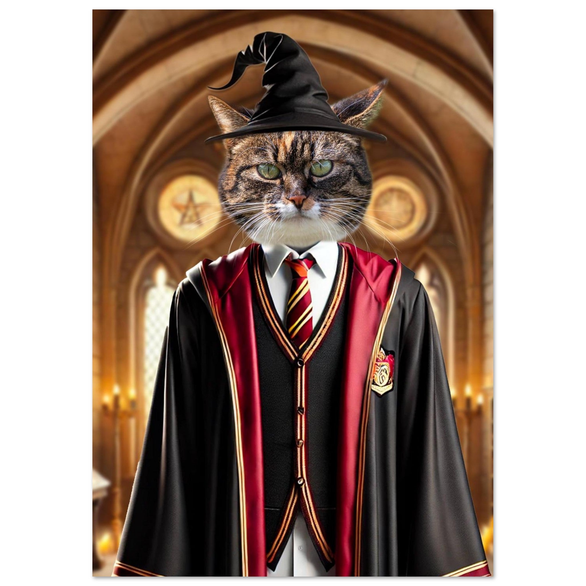 Chat tigré aux yeux verts coiffé d’un chapeau pointu de sorcier, vêtu d’une robe académique noire bordée de rouge et or avec cravate rayée et blason, debout dans une grande salle gothique éclairée par des bougies.
