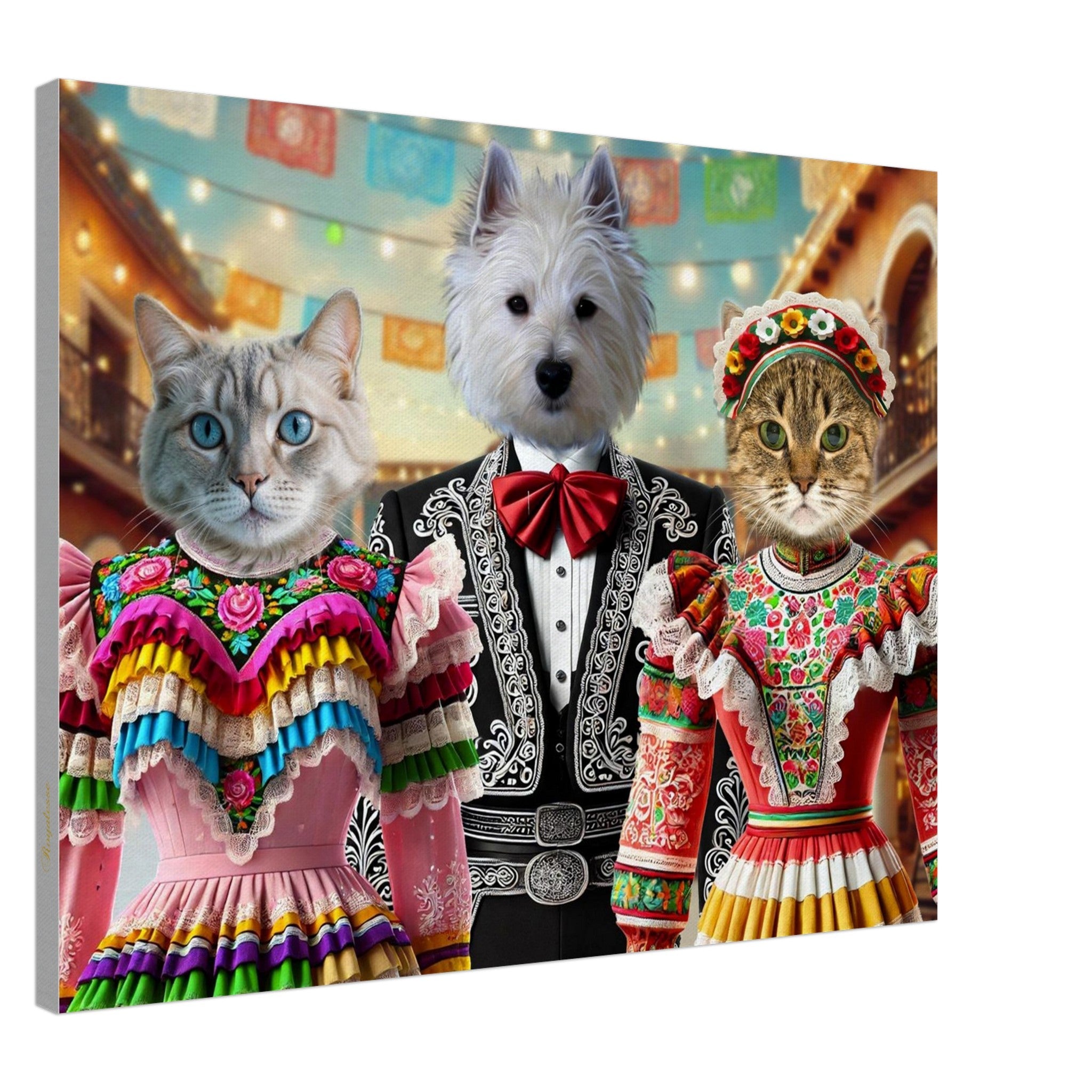 Chat gris en robe folklorique mexicaine rose à volants multicolores, chien blanc en costume de mariachi noir avec nœud papillon rouge, chat tigré en robe brodée rouge et coiffe fleurie sur fond de guirlandes lumineuses et papel picado.