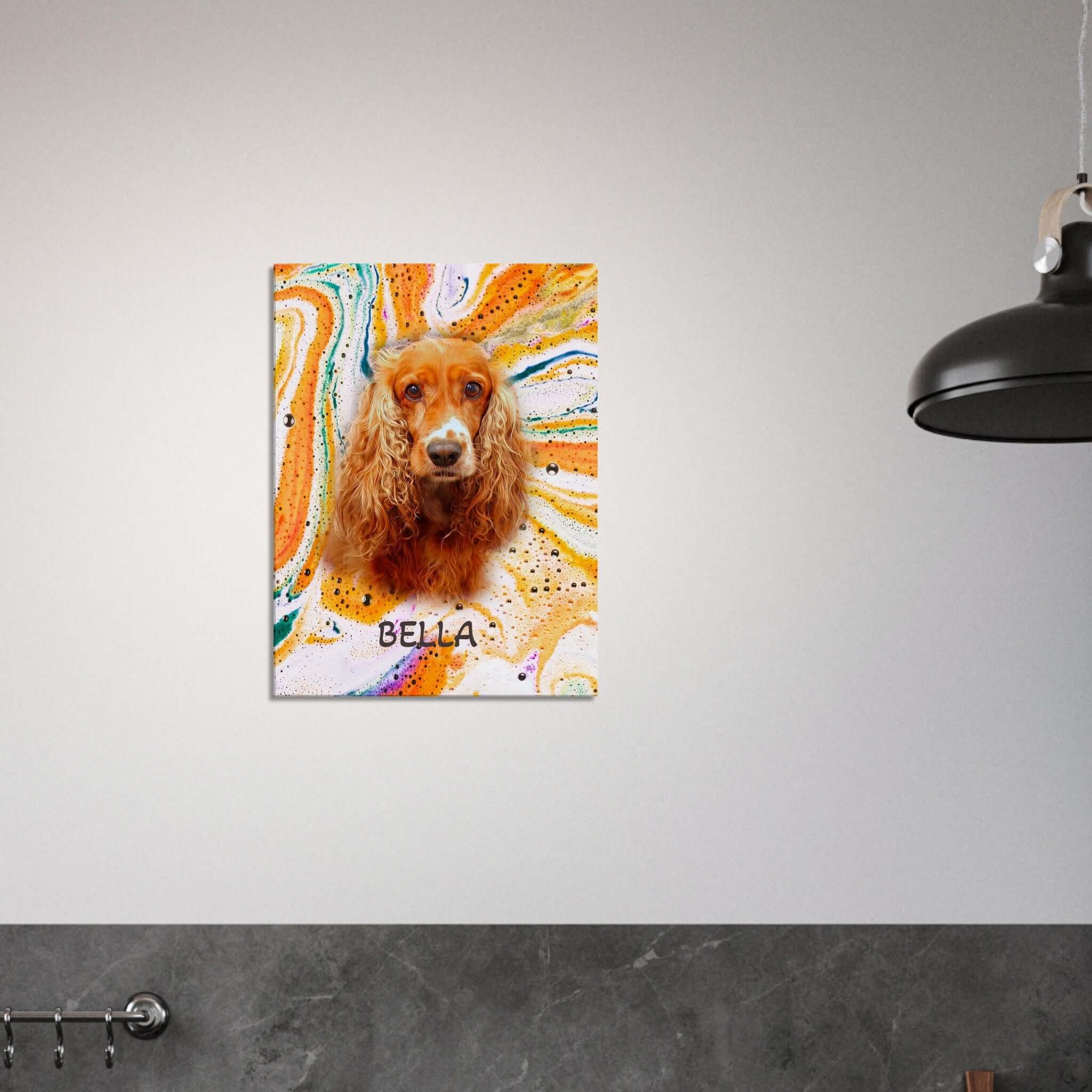 Portrait d'un chien sur toile avec fond coloré, imprimé en France sur papier FSC, idéal pour une décoration artistique unique.