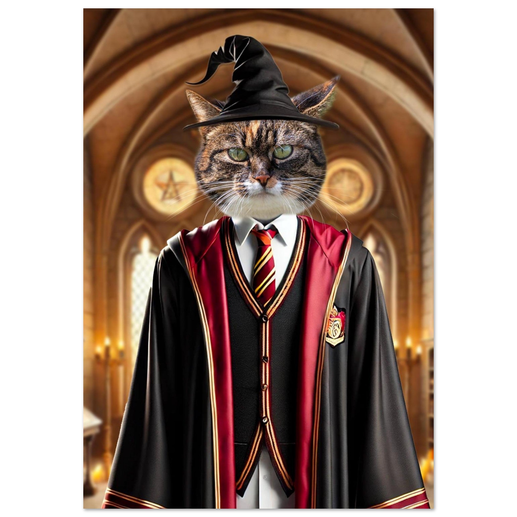 Chat tigré habillé en sorcier style Gryffondor (robe noire et rouge, cravate rayée or et bordeaux, chapeau pointu) dans un grand couloir gothique éclairé aux chandelles.