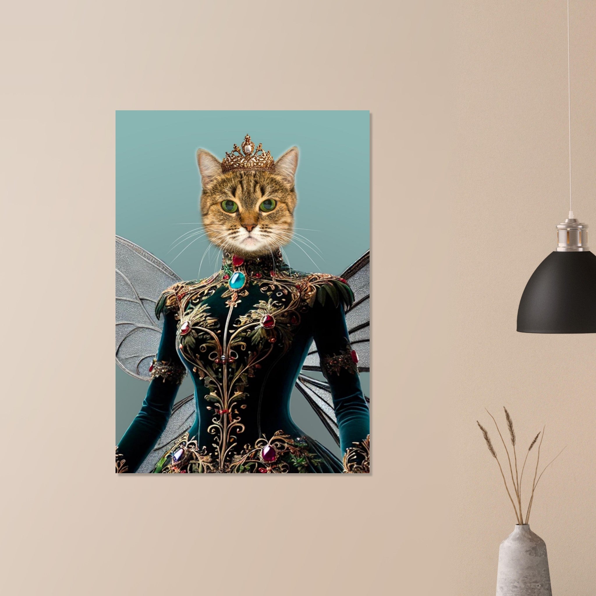 Chat couronné en costume de fée baroque : robe noire brodée d’or et ornée de pierres précieuses, ailes translucides et fond turquoise.