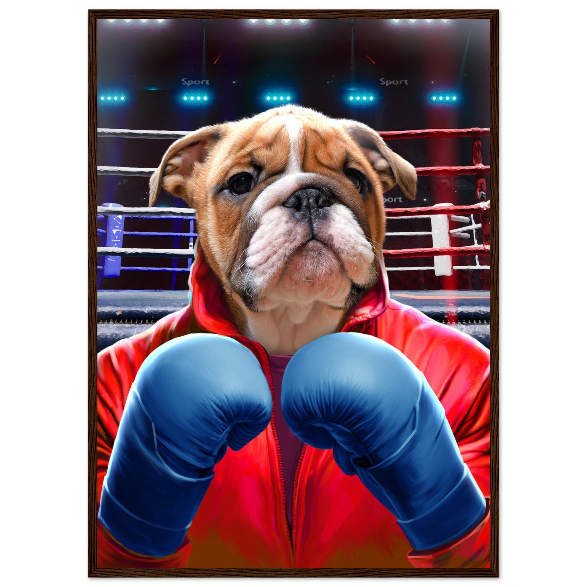 Poster en bois Cadre BOXEUR avec bulldog en gants de boxe, imprimé en France sur papier FSC, prêt à accrocher.