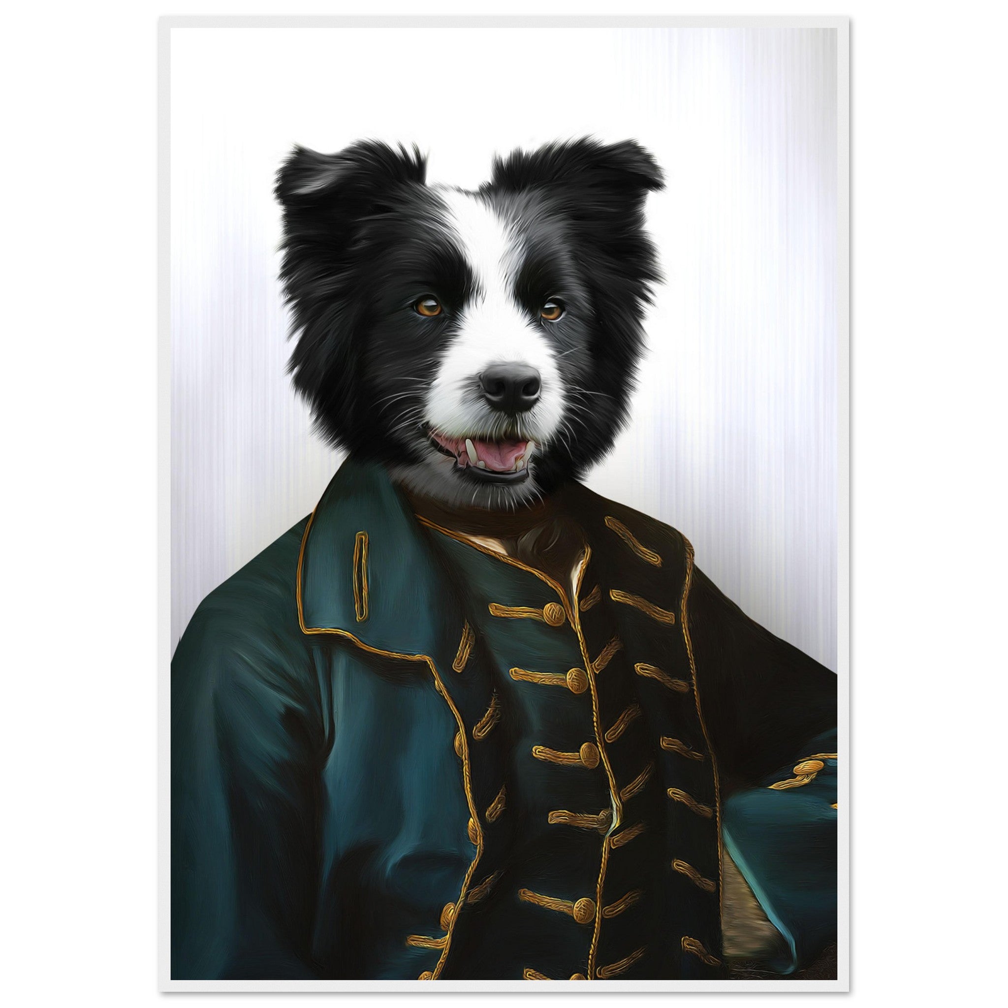 Illustration d'un chien habillé en costume aristocratique, imprimé en France sur papier FSC, encadré prêt à accrocher.