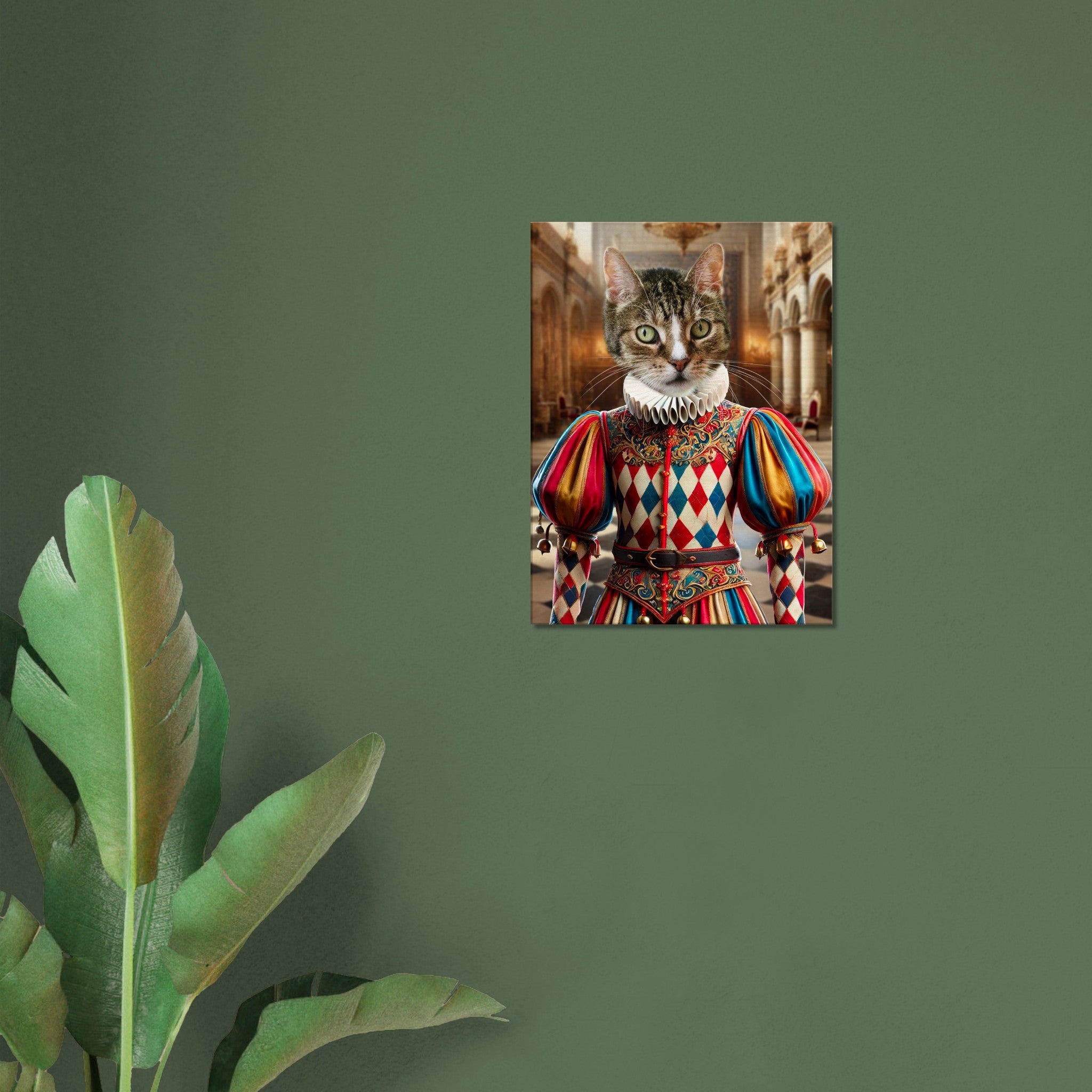 Chat tigré en costume Renaissance coloré à motif losanges et col plissé, debout dans une somptueuse salle de palais XVIe siècle.