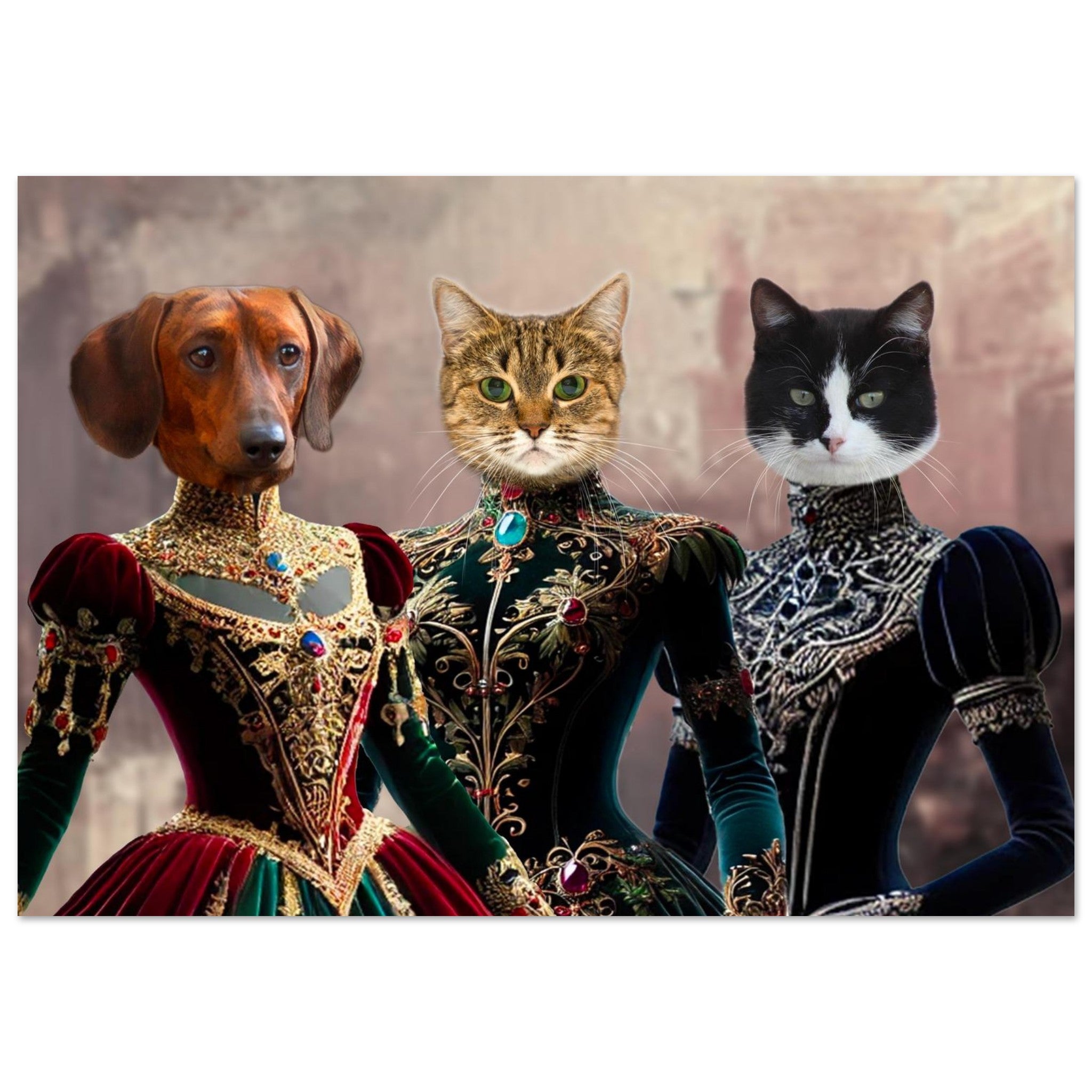 Chien teckel brun et deux chats (tigré et noir et blanc) en somptueuses robes baroques ornées de broderies dorées et de pierres précieuses sur fond neutre flou.