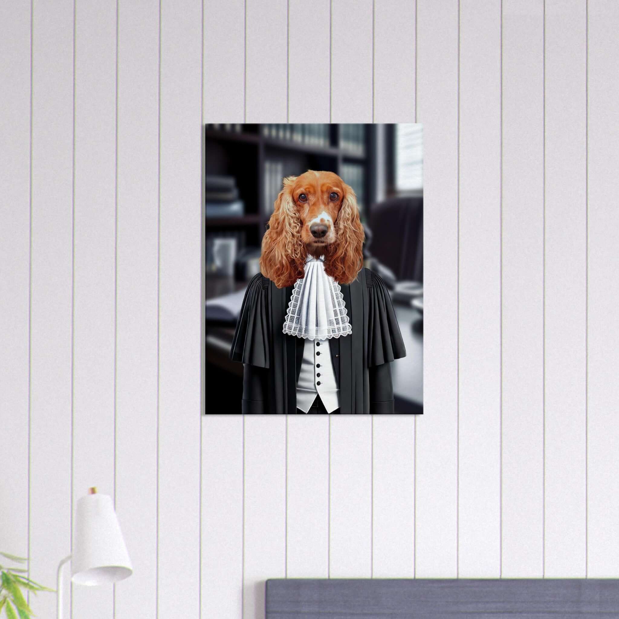 Toile portrait animal personnalisé de chien, imprimé en France sur papier FSC, exposée sur un mur intérieur élégant.