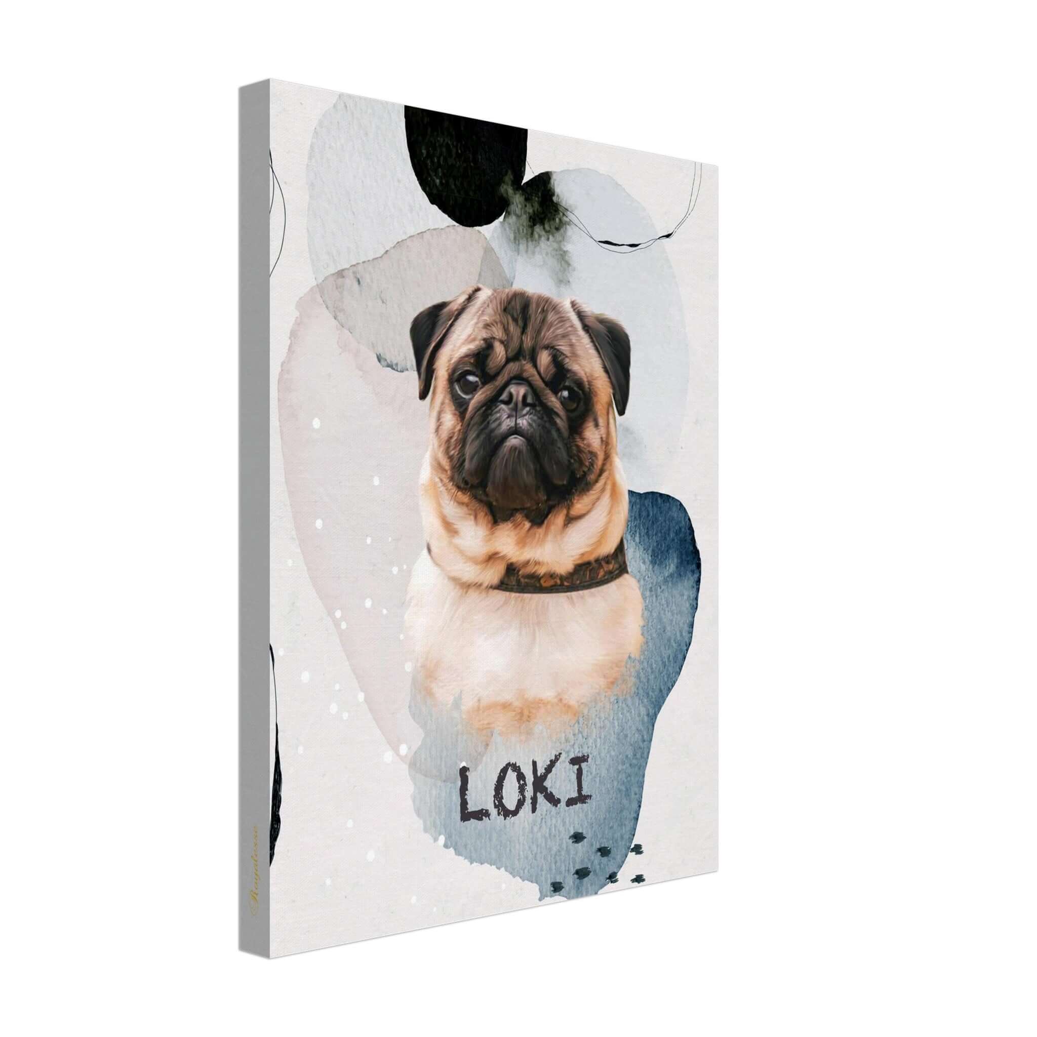 Portrait de chien personnalisé "Loki" sur toile, imprimé en France avec papier FSC, art animalier intemporel et raffiné.