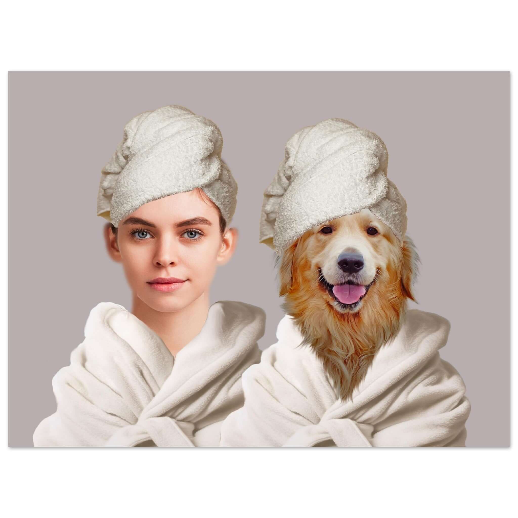 Portrait personnalisé duo au spa avec femme et chien, imprimé en France sur papier FSC.