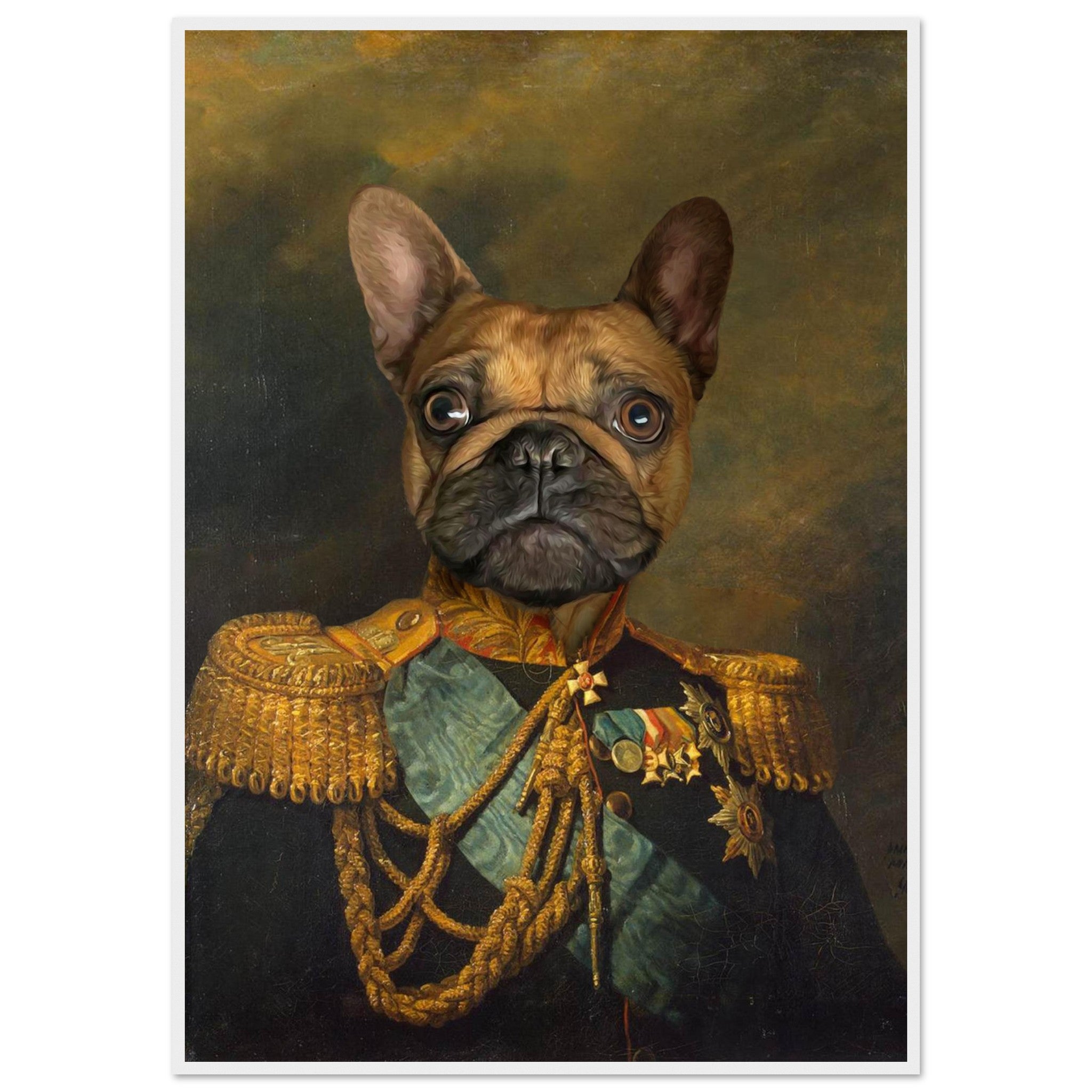 Illustration humoristique d'un chien en costume de colonel, imprimé en France sur papier FSC, encadré et prêt à accrocher.