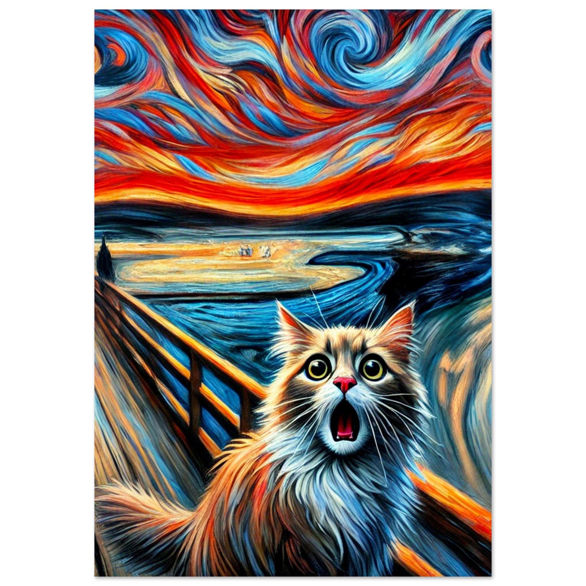 Chat effrayé aux yeux écarquillés et à la bouche ouverte, perché sur un pont devant un ciel tourbillonnant rouge, orange et bleu évoquant Le Cri de Munch