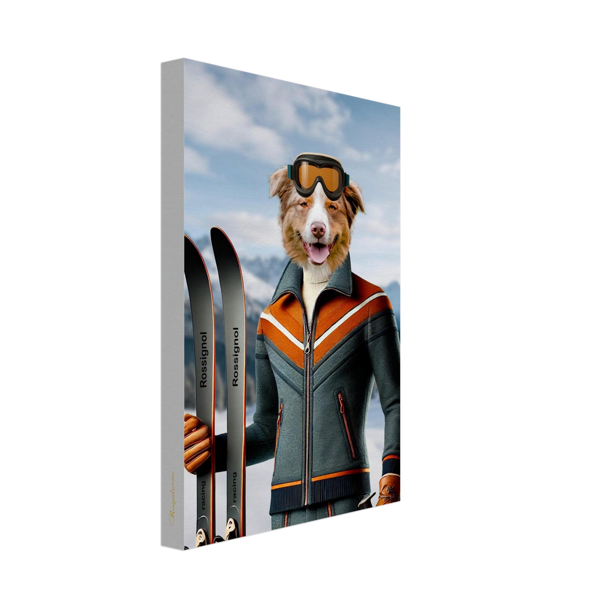 Chien anthropomorphe en combinaison de ski orange et grise, portant gants et lunettes, tenant des skis Rossignol devant un paysage de montagne enneigée.