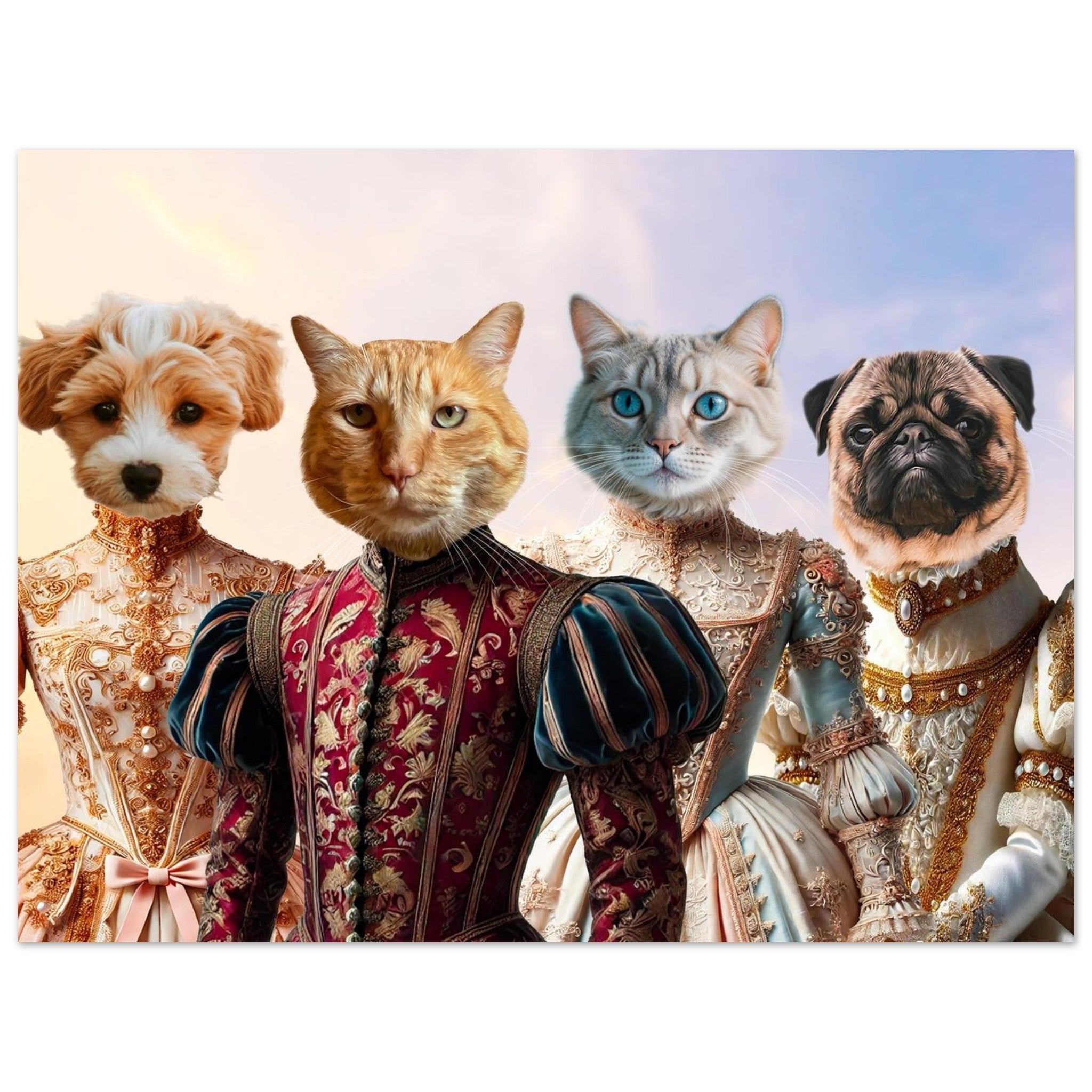 Portrait stylisé de quatre animaux anthropomorphes (chiot blanc et marron, chat roux, chat gris aux yeux bleus et carlin) en somptueux costumes baroques richement brodés sur fond de ciel pastel.