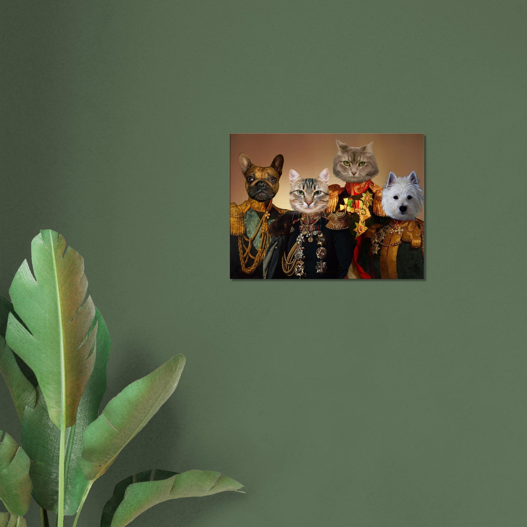 Portrait néo-classique de quatre animaux en uniforme militaire : bouledogue français, chat tigré, chat gris à poils longs et West Highland white terrier ornés de médailles dorées sur fond neutre.