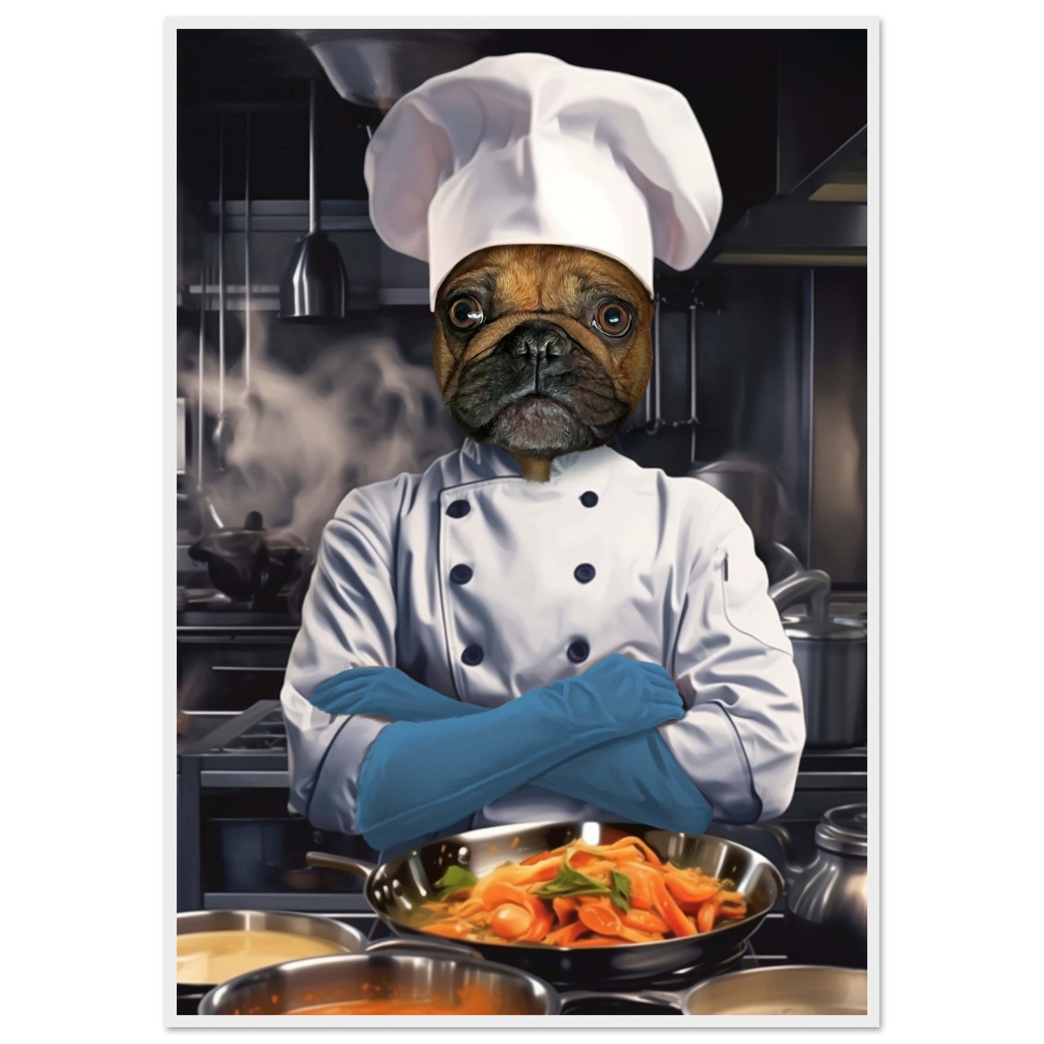 Alt Tag: Poster humoristique "Cadre CHEF" montrant un chien en habit de chef cuisinier dans une cuisine, imprimé en France, papier FSC.