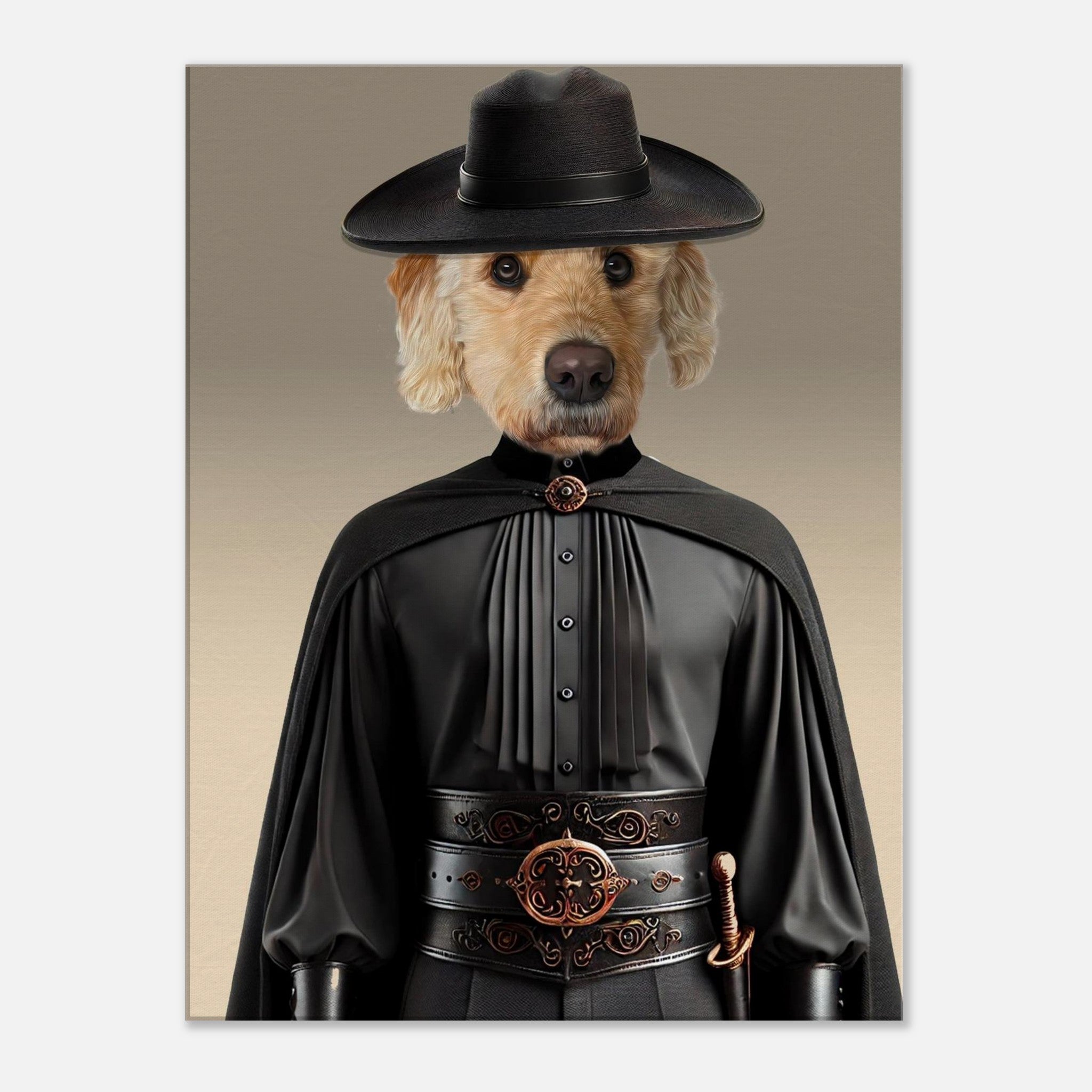Portrait d’un chien golden retriever en costume noir de mousquetaire style Zorro, portant un large chapeau, une cape, une chemise à plis et une ceinture ornée d’une épée.