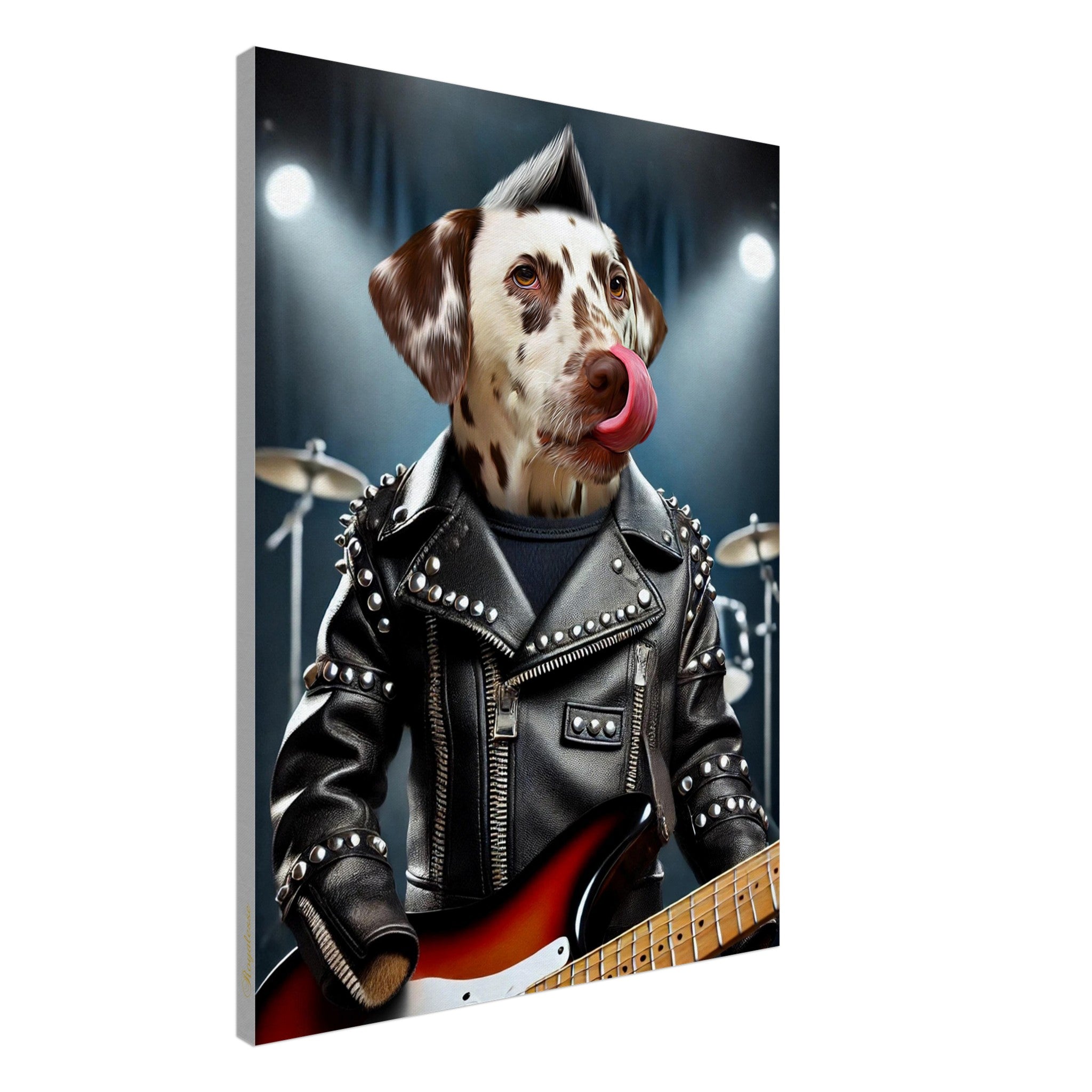 Portrait animal personnalisé sur toile "Toile ROCKEUR", chien en blouson de cuir avec guitare, imprimé en France, papier FSC.