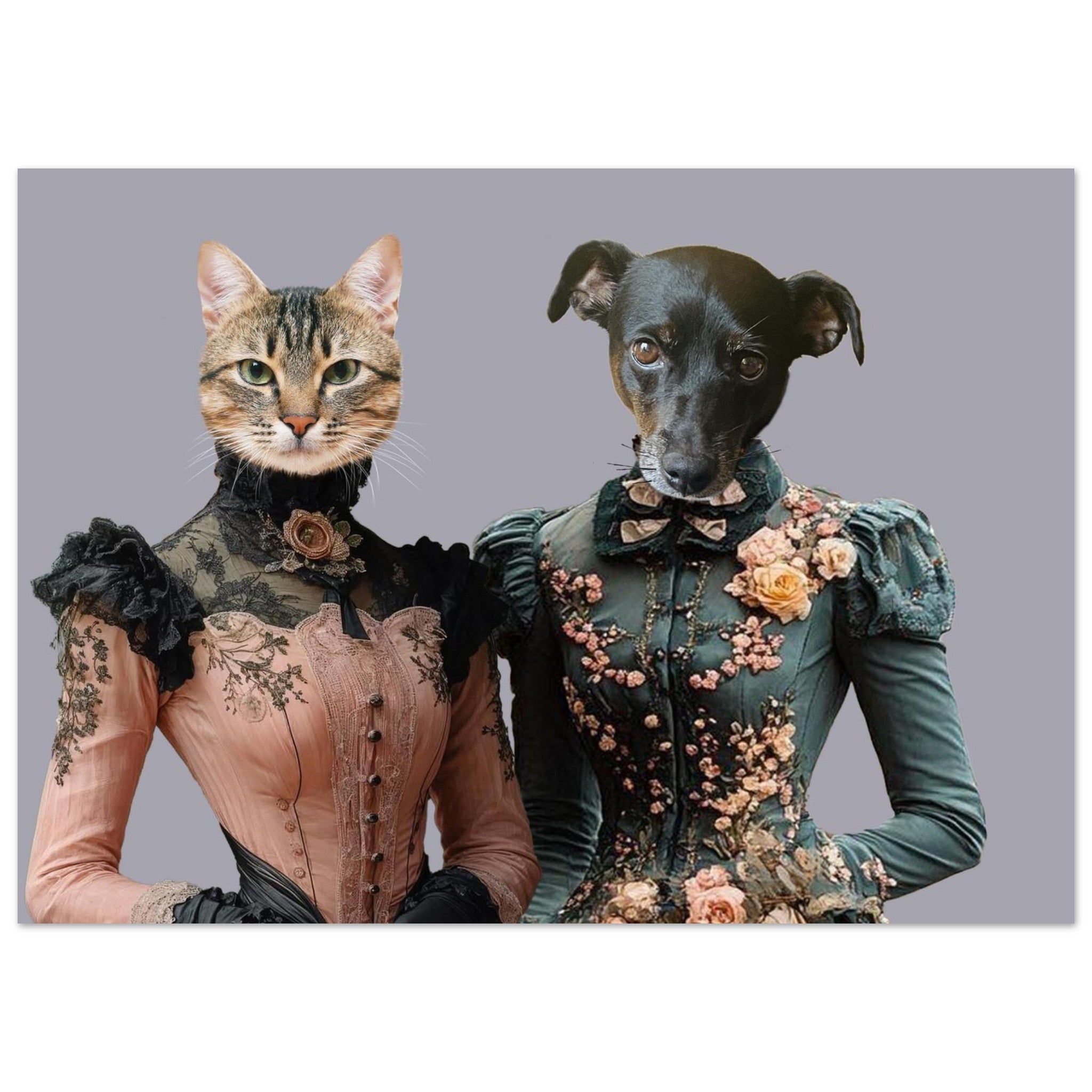 Portrait sur fond gris de deux figures anthropomorphes en robes victoriennes : un chat tigré en robe rose à dentelle noire et un petit chien noir en robe verte brodée de fleurs.