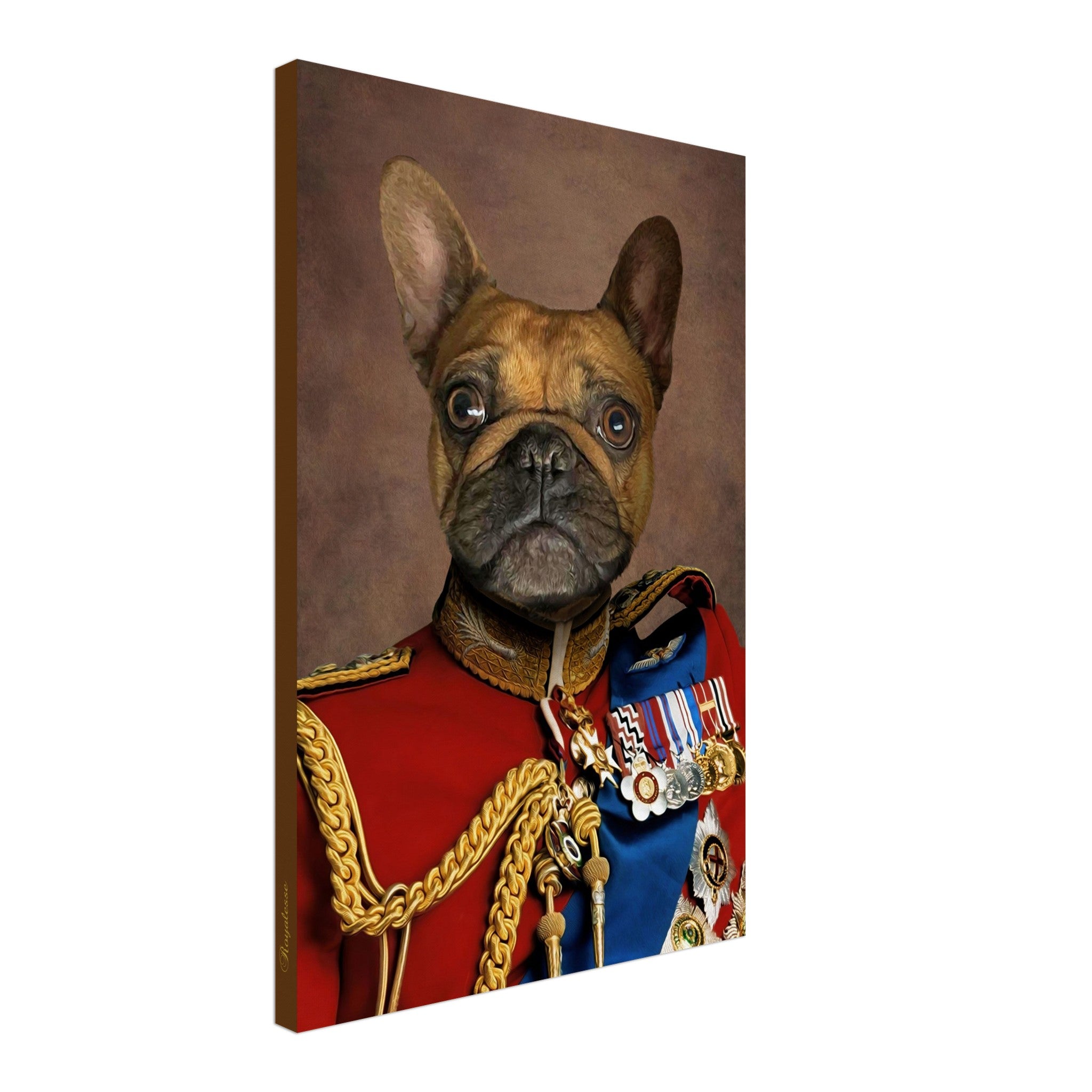 Portrait personnalisé de chien imprimé en France sur papier FSC, toile "Prince d'Angleterre" avec un look royal unique.