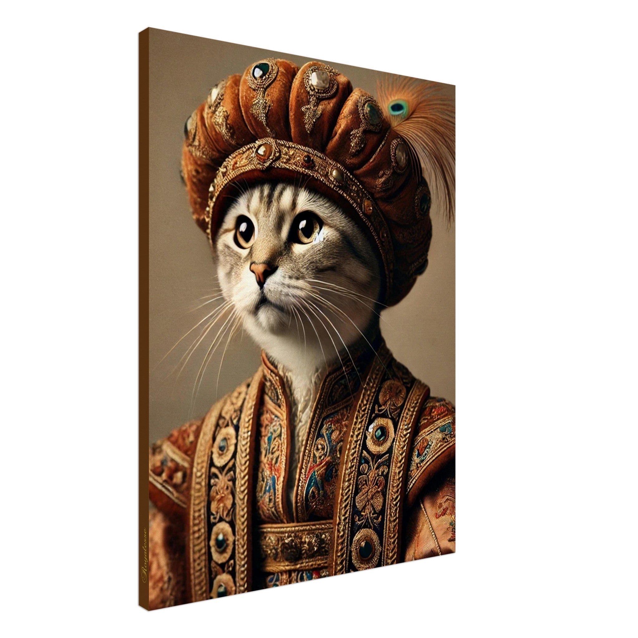 Portrait personnalisé de chat en prince ottoman, imprimé en France sur toile avec papier FSC, offrant une beauté intemporelle.