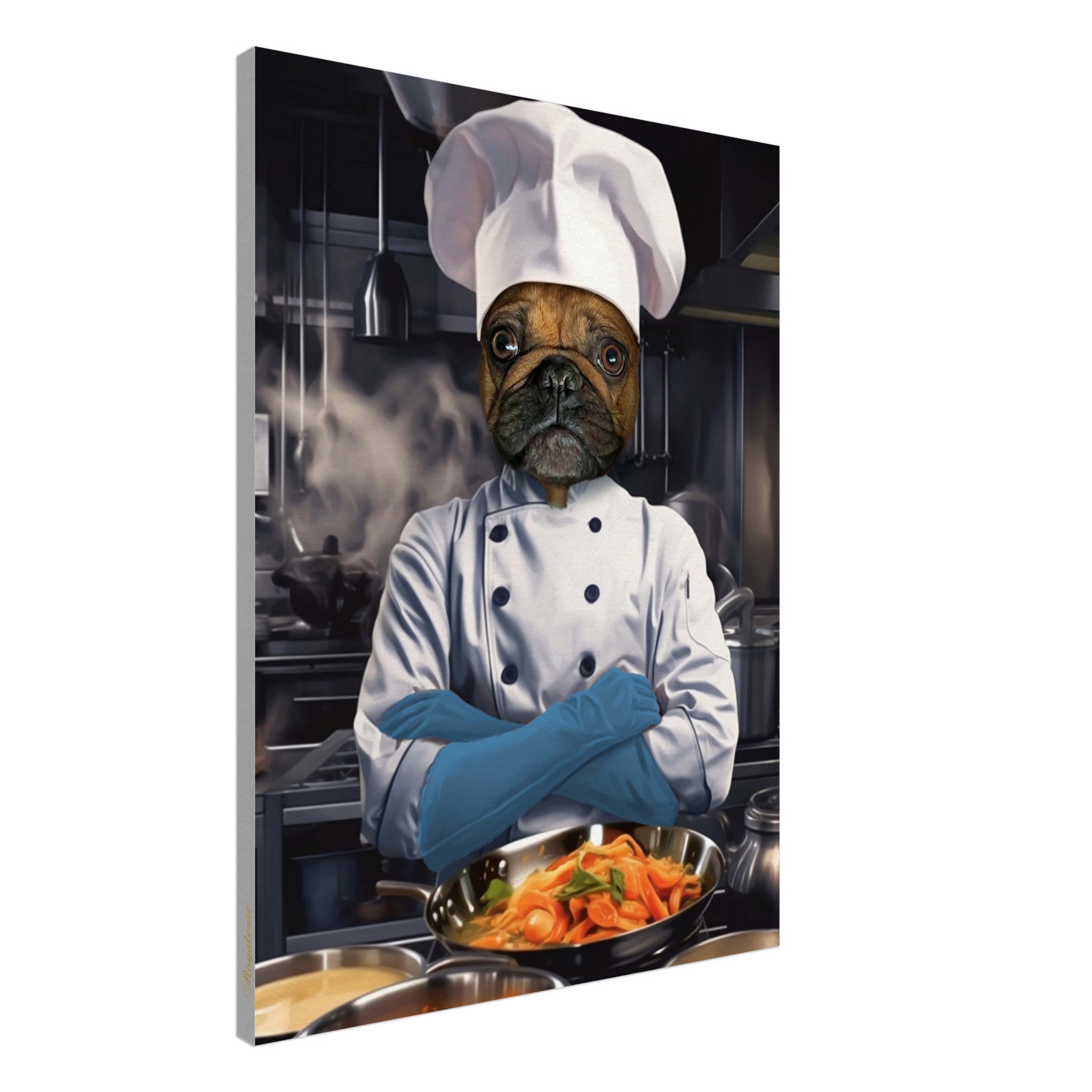 Toile portrait animal personnalisée "CHEF" imprimée en France sur papier FSC, mettant en avant un chien en tenue de chef cuisinier.