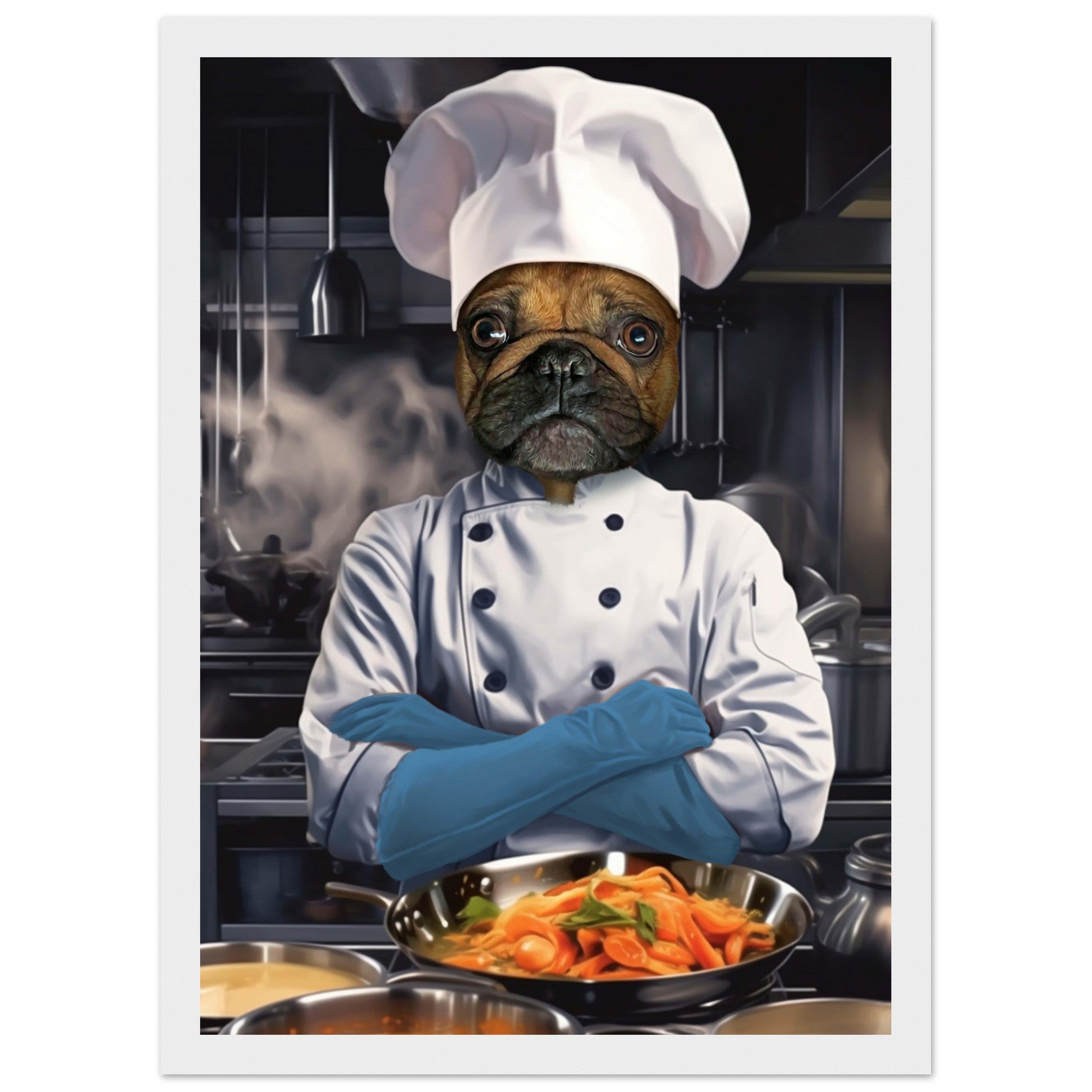 Portrait humoristique de chien chef en cuisine avec toque et tablier, tenant une casserole de légumes.