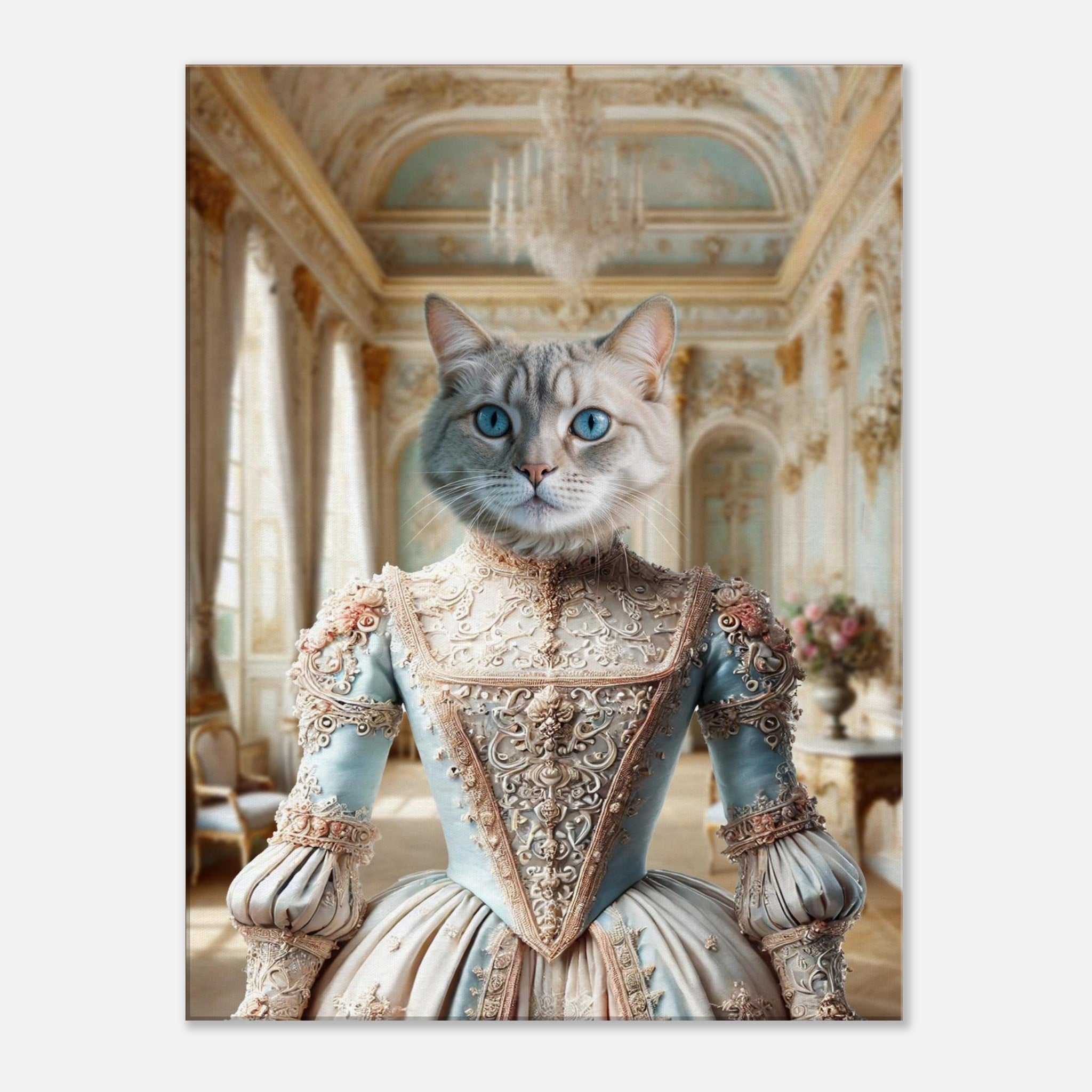 Chat aristocratique à tête de chat bleu aux grands yeux expressifs, vêtu d’une somptueuse robe baroque pastel finement brodée, posé dans un élégant salon royal orné de dorures, de moulures complexes et d’un lustre en cristal.