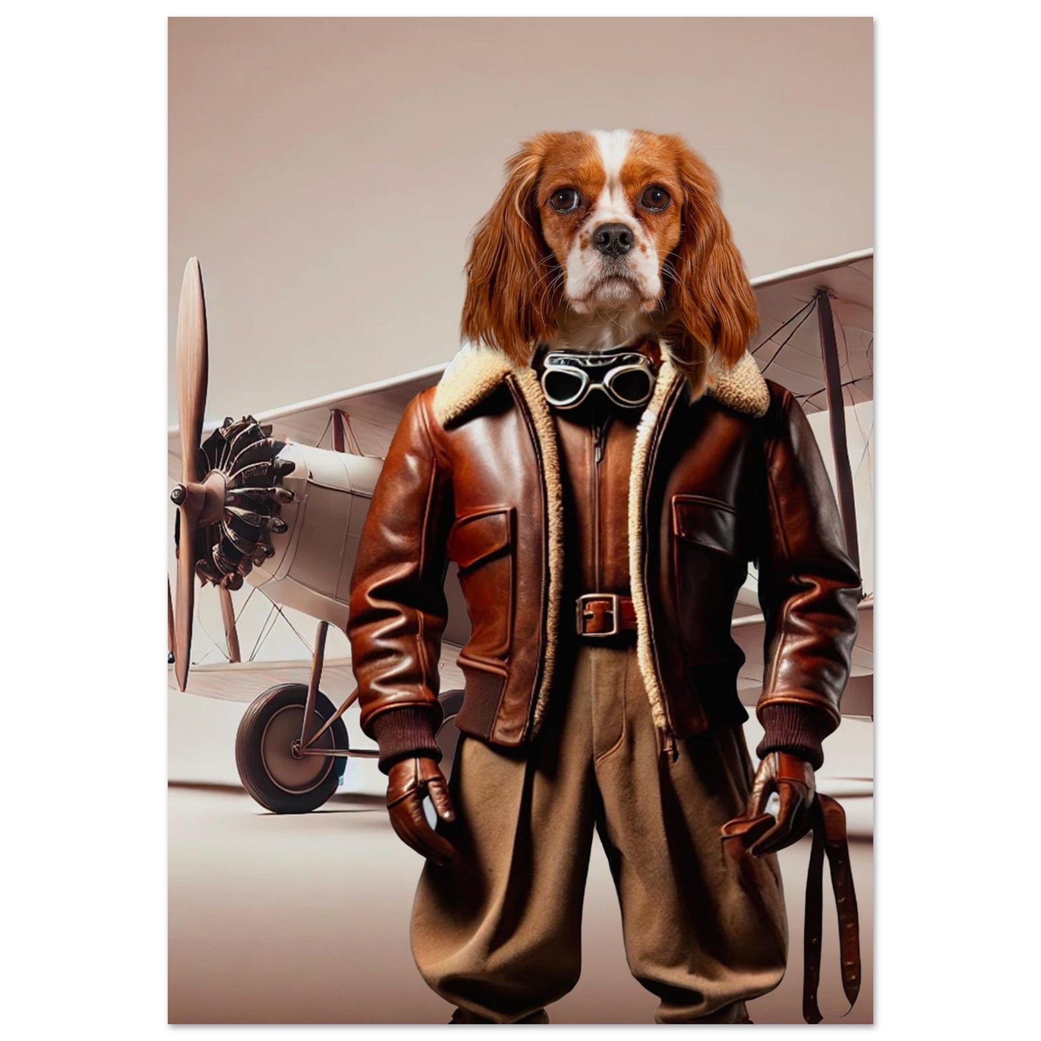 Chien Cavalier King Charles Spaniel en tenue d’aviateur vintage : veste en cuir à col en fourrure, gants de vol, lunettes de pilote autour du cou, debout devant un biplan rétro.