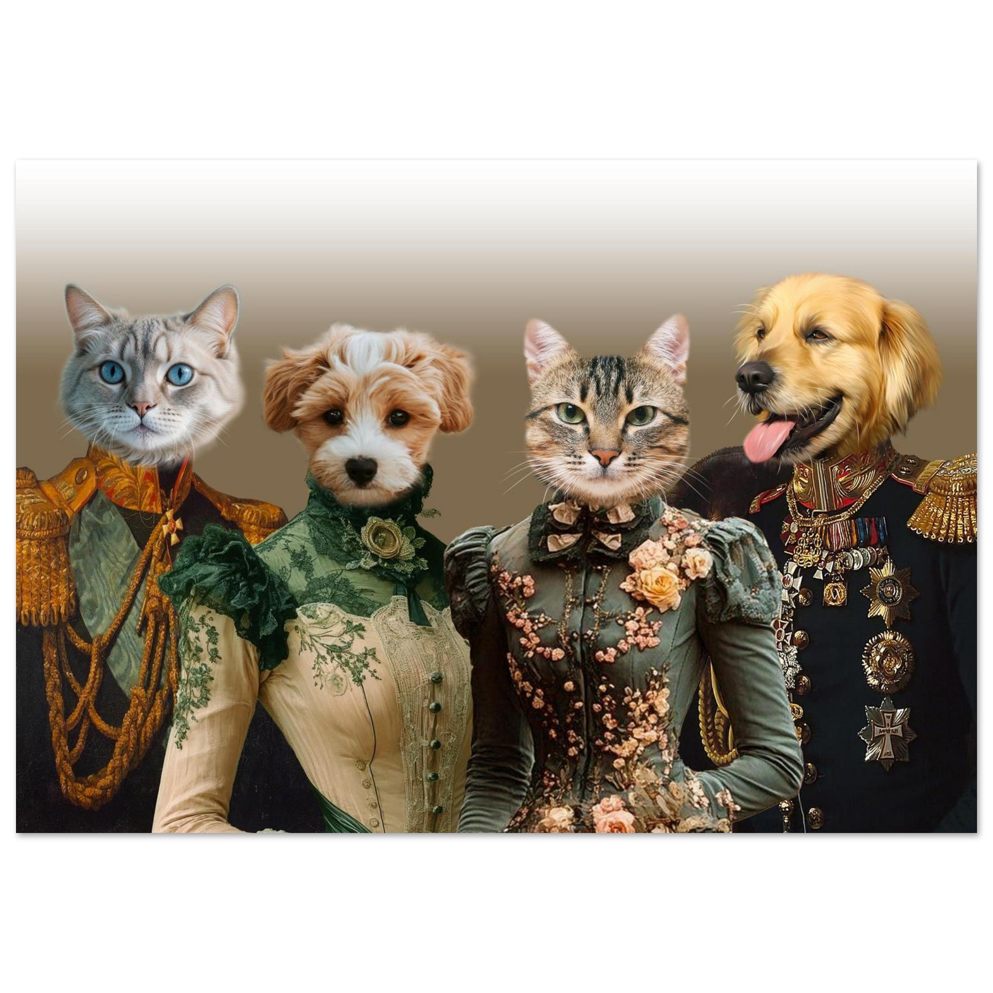 Portrait humoristique de quatre animaux aristocrates en costumes d’époque : un chat gris en uniforme militaire doré, un chiot blanc et roux en robe victorienne verte à dentelle, une chatte tigrée en robe fleurie et un golden retriever en uniforme décoré de médailles sur fond neutre dégradé.