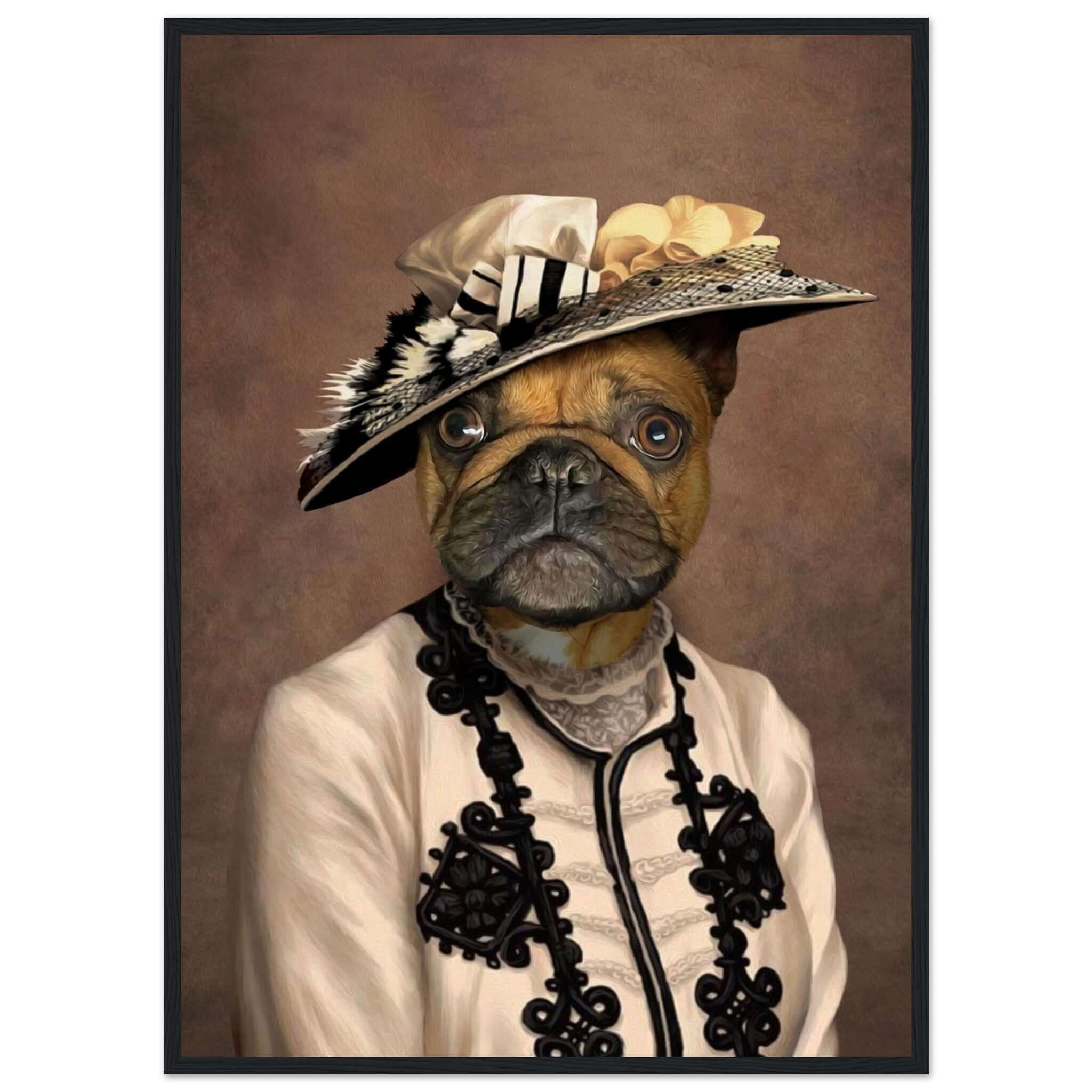 Poster de bouledogue élégant en costume vintage, imprimé en France sur papier FSC, encadré en bois de pin durable. Prêt à accrocher.