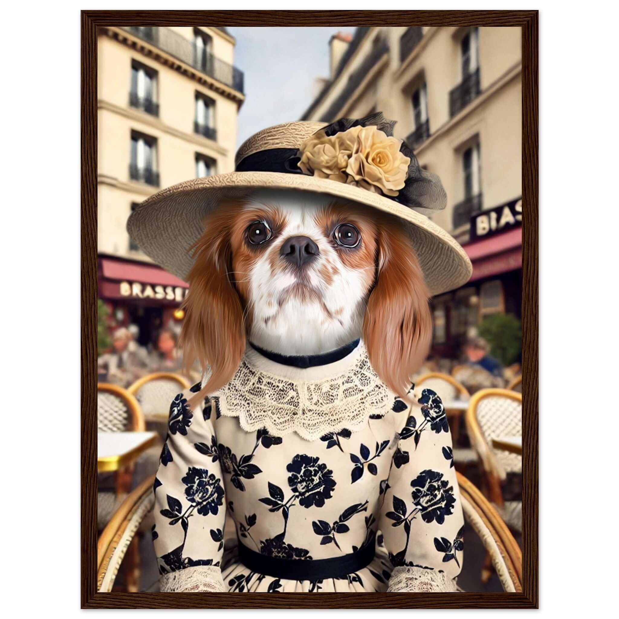 Cadre Dame au Chapeau, chien élégant en robe vintage, imprimé en France sur papier FSC, encadré bois de pin, prêt à accrocher.