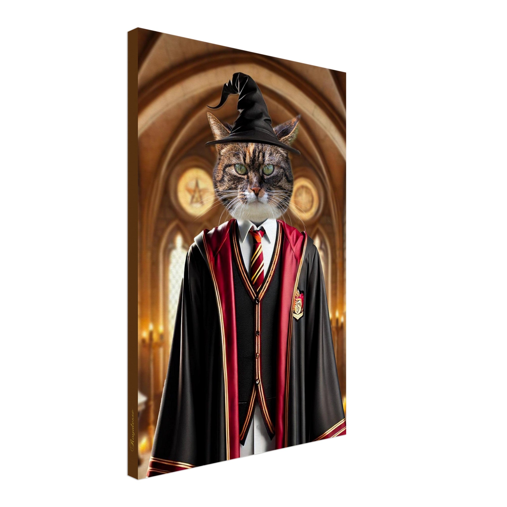 Chat tigré aux yeux verts vêtu d’une robe de sorcier noire et rouge et d’un chapeau pointu, debout dans une grande salle gothique éclairée de bougies, ambiance univers magique.