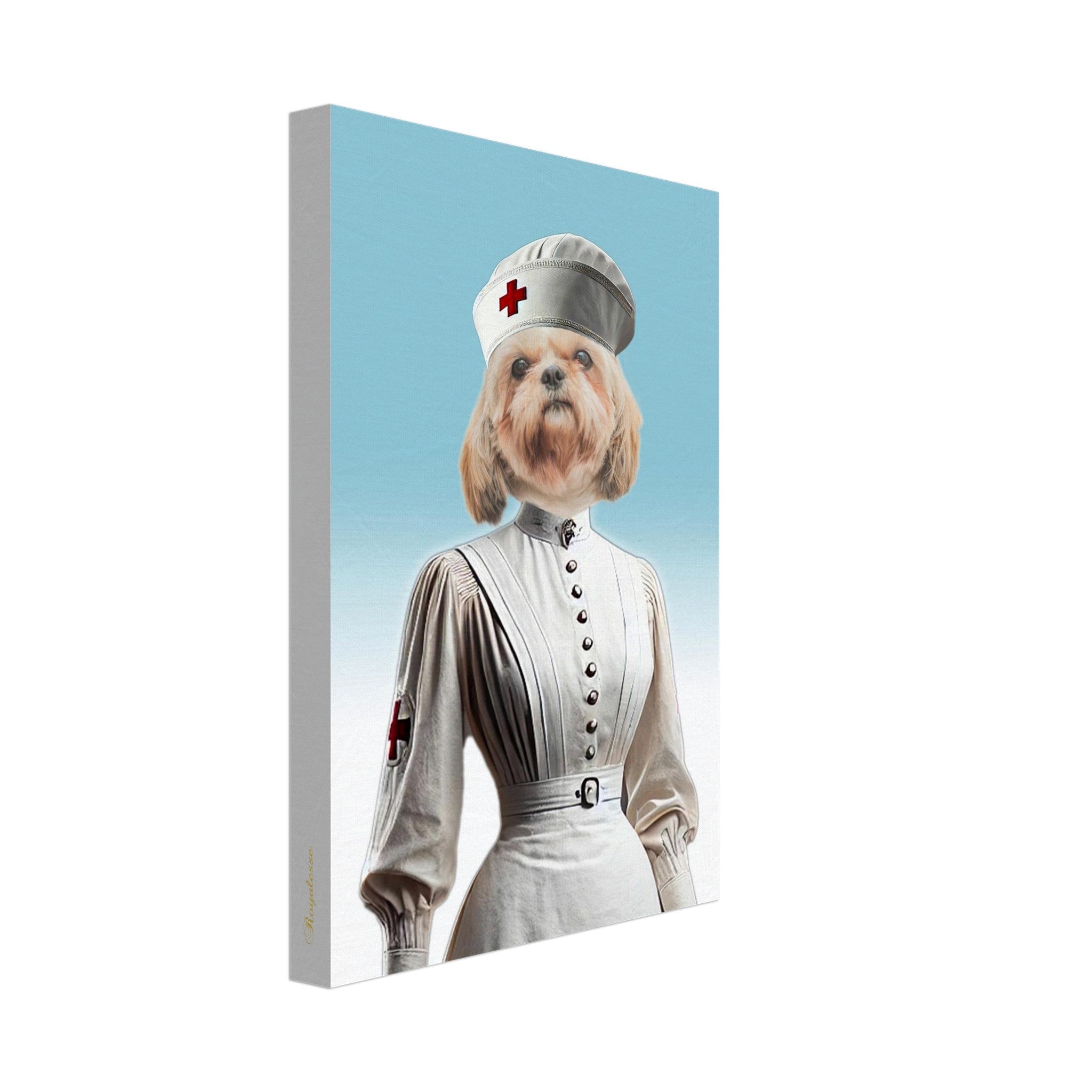 Tableau sur toile représentant un chien Shih-Tzu habillé en infirmière vintage en robe blanche et coiffe avec croix rouge sur fond bleu.