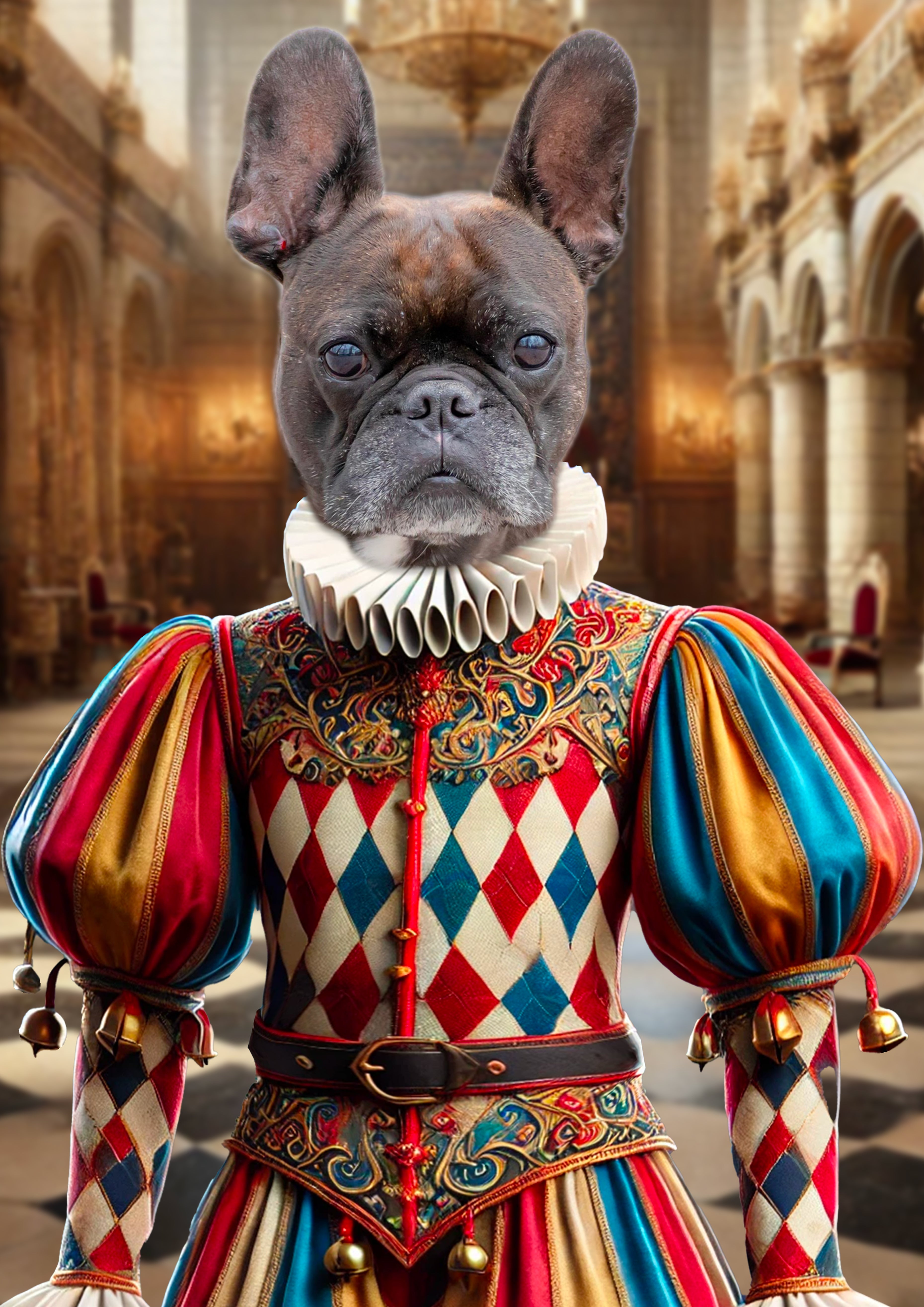 Bouledogue français déguisé en bouffon de la Renaissance, costume à losanges rouge, bleu et or avec collerette blanche, dans un palais baroque.