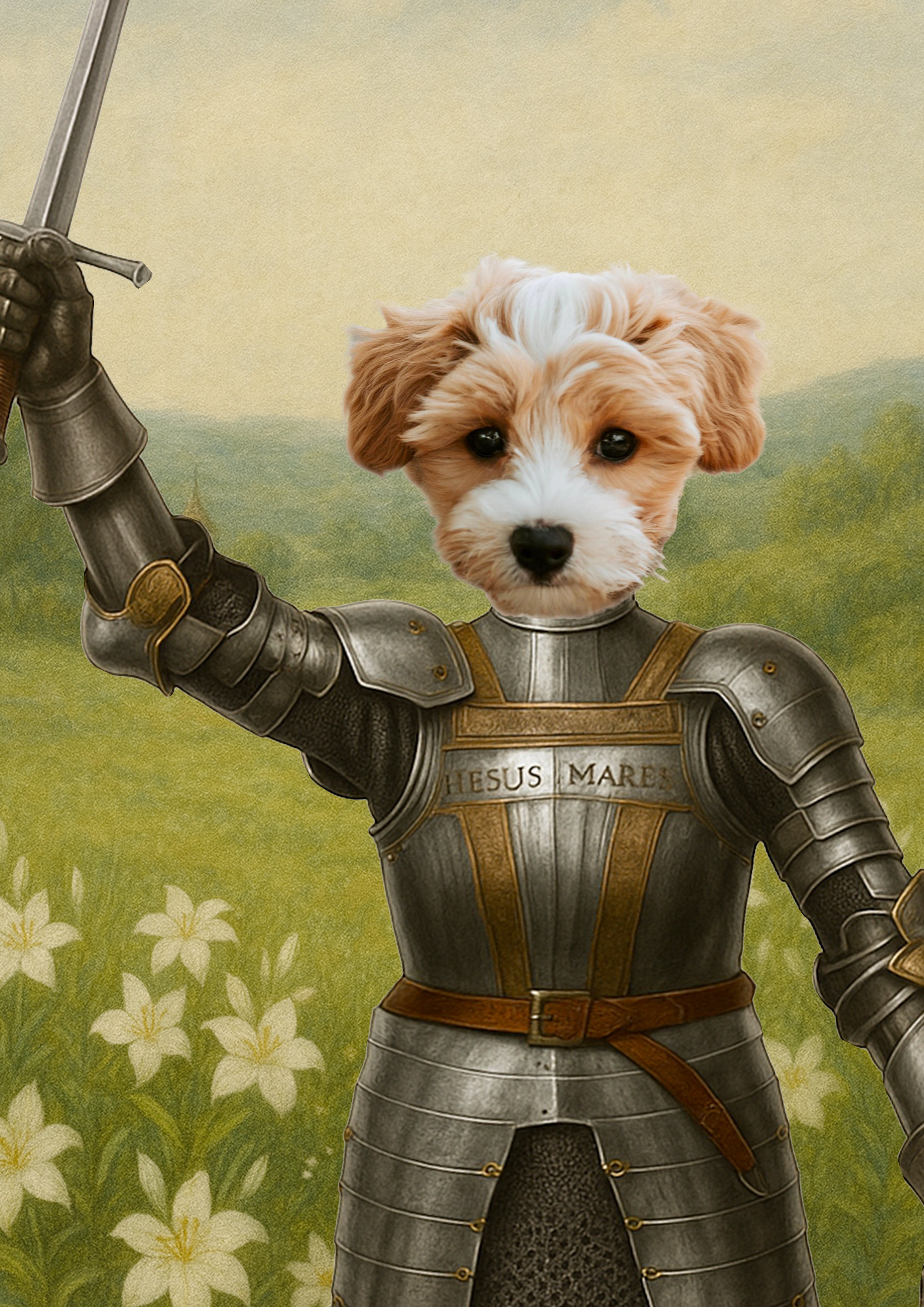 Tête de chiot blanc et brun caramel posée sur un corps de chevalier en armure médiévale brandissant une épée, devant un champ de lys blancs et des collines verdoyantes.