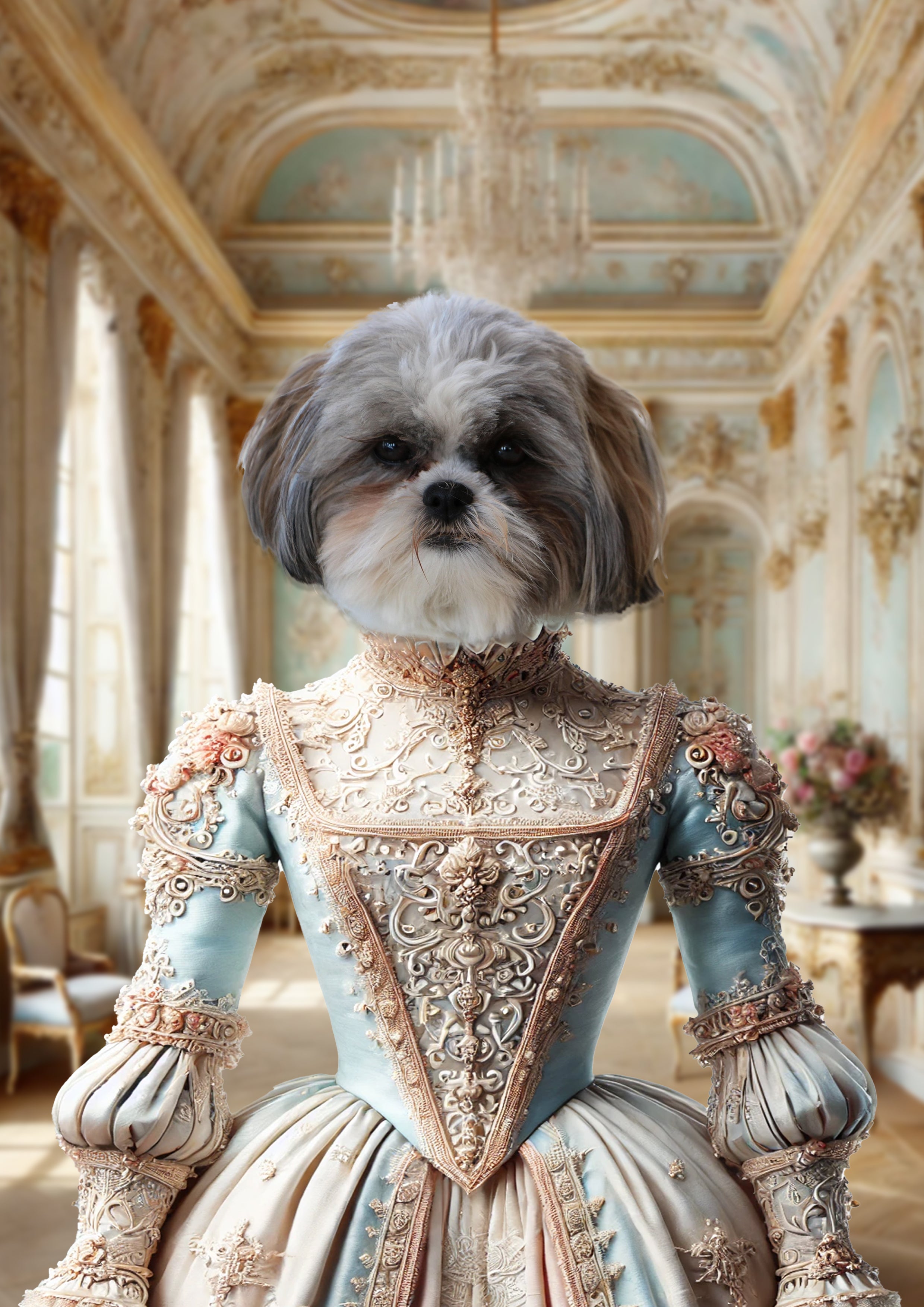 alt="Petit chien Shih Tzu blanc et gris posé sur un buste féminin vêtu d’une somptueuse robe rococo bleu pastel ornée de broderies dorées, dans un luxueux salon baroque à moulures et lustre en cristal"