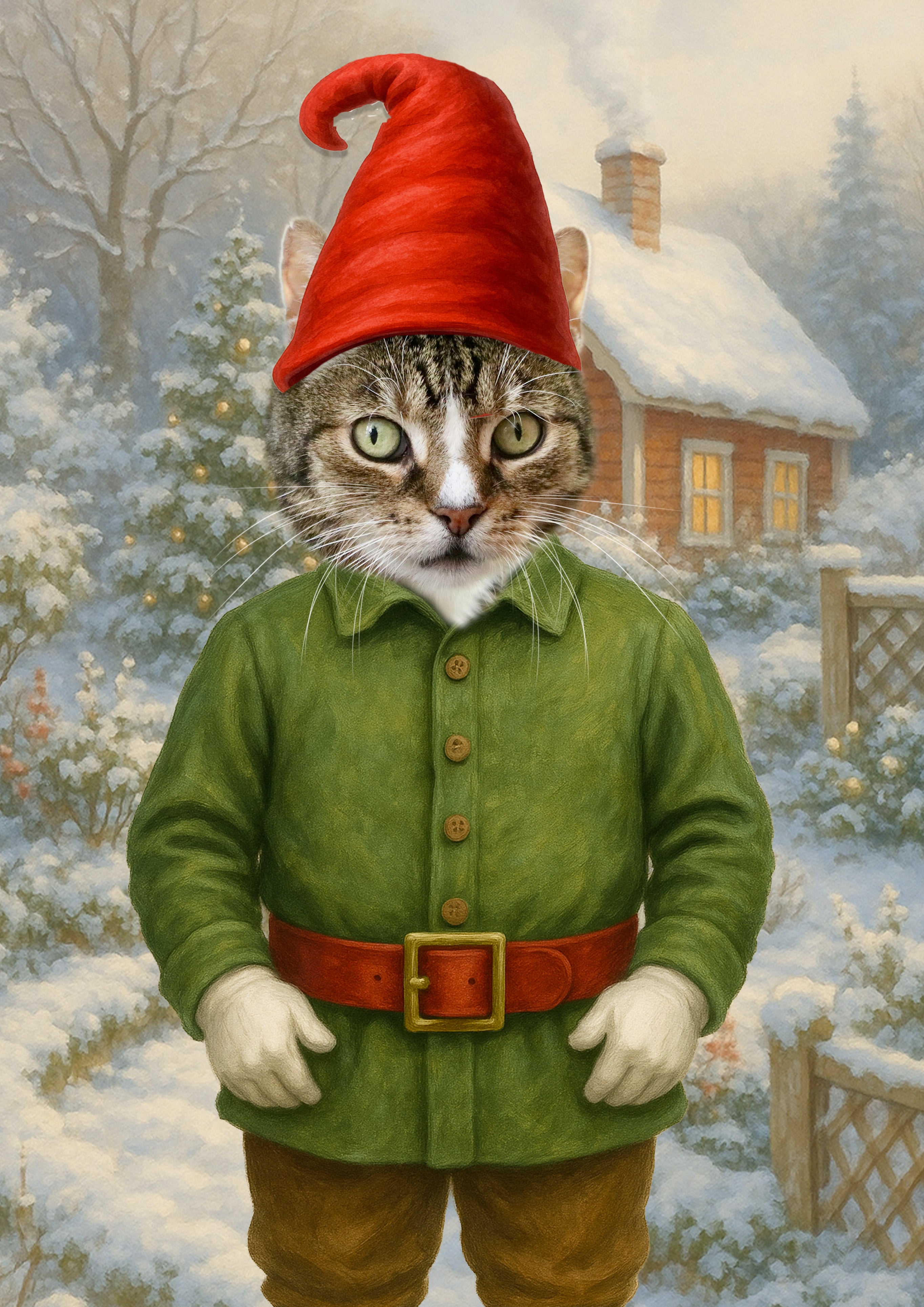 Chat anthropomorphe en costume de lutin vert à ceinture rouge et chapeau pointu rouge, debout devant un chalet en bois sous la neige.