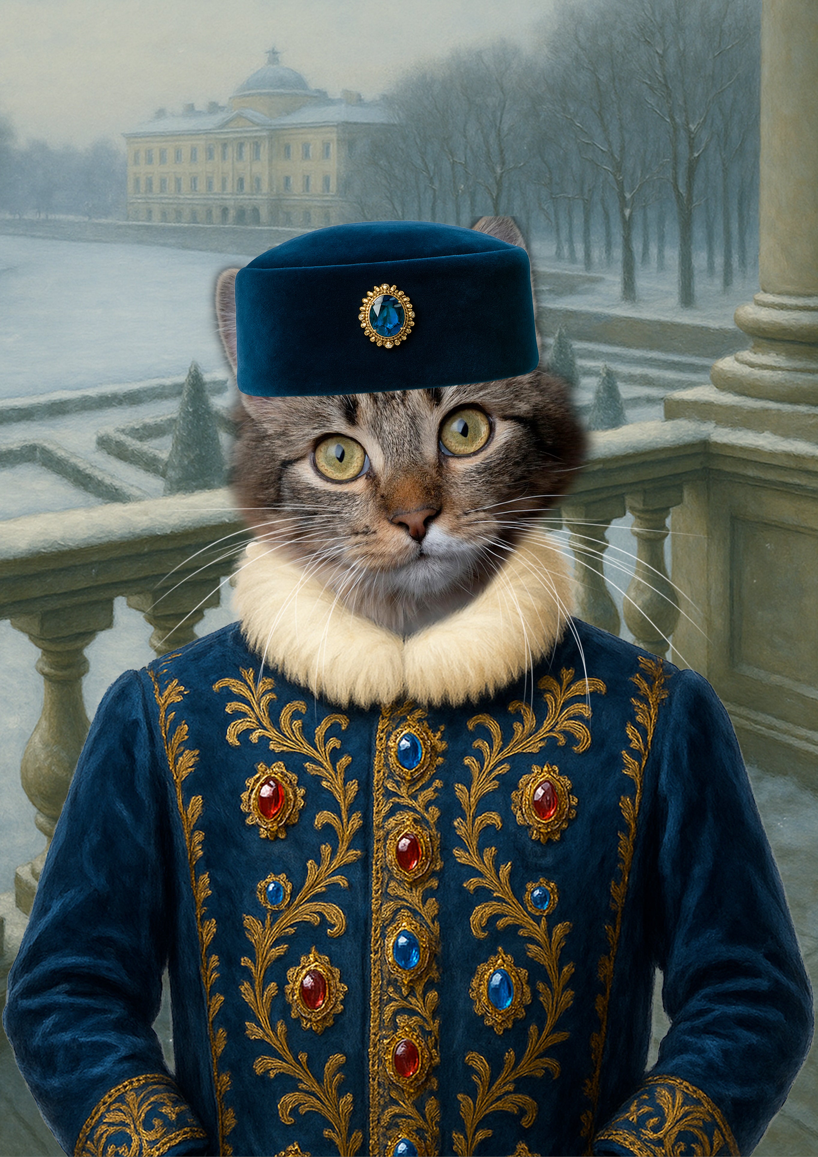 alt="Chat aristocratique vêtu d’un costume royal bleu brodé d’or et orné de pierres précieuses, coiffé d’un chapeau de velours, posé devant un palais et un jardin d’hiver enneigé"