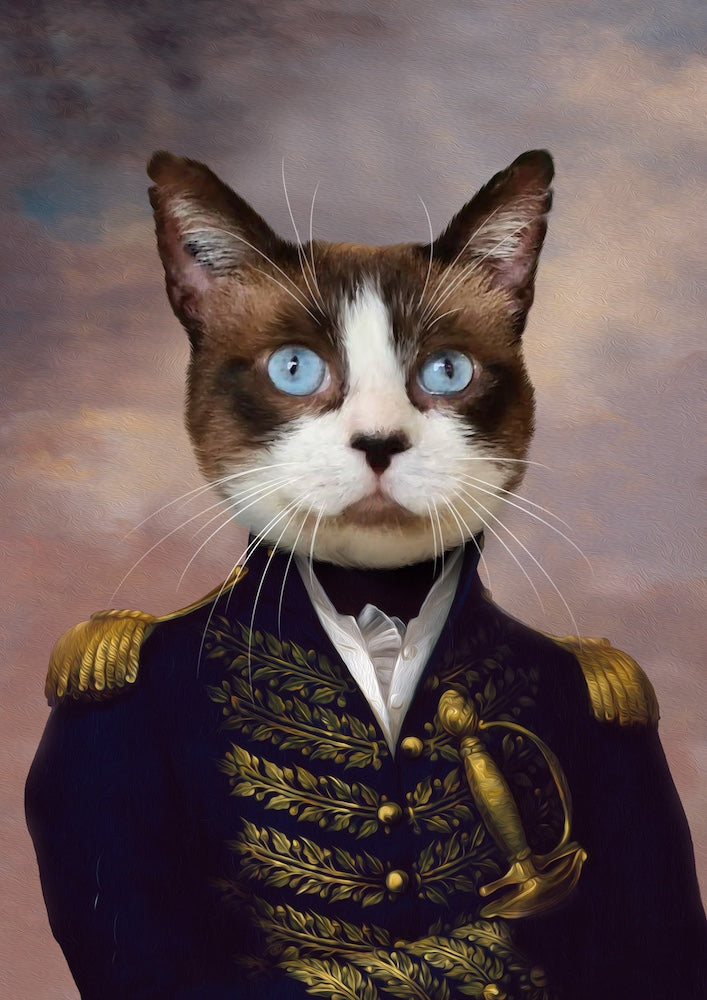 Portrait de chat en uniforme académicien, imprimé en France sur papier FSC durable, sans cadre.